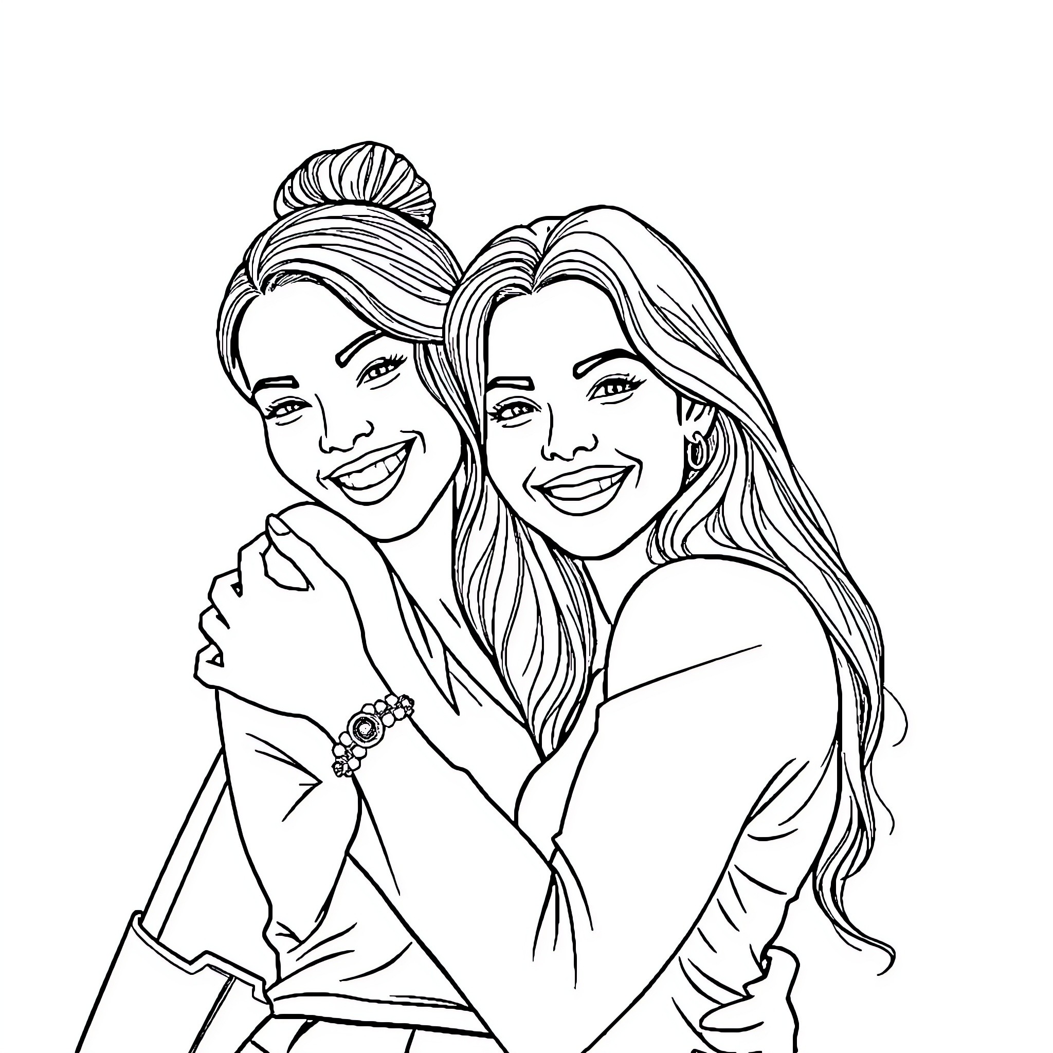 Woman embracing another with joy and affection Coloring Page (free black-and-white line drawing printable PDF for all, from beginners to advanced learners, including children, teens, adults, and seniors)