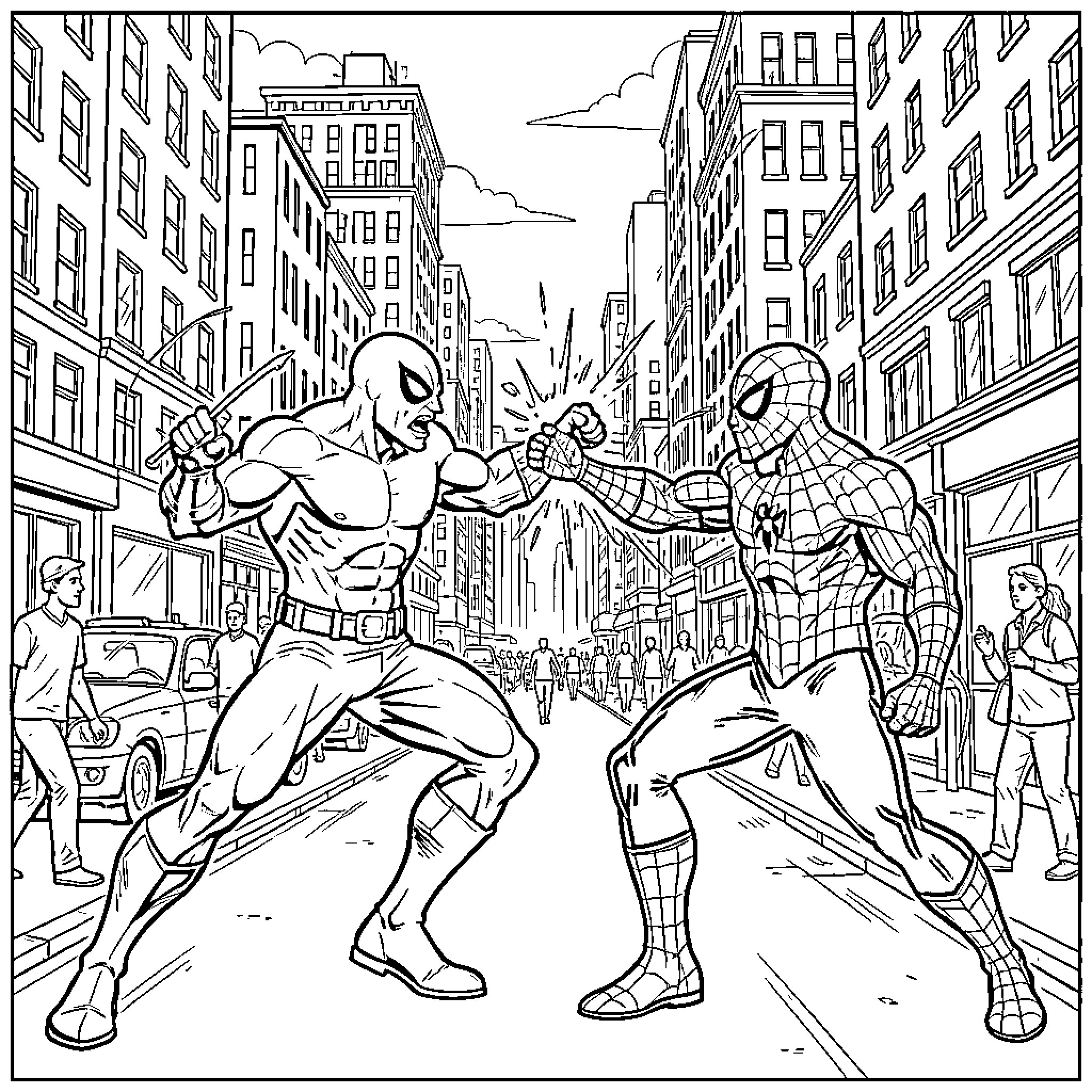 Spawn fighting a superhero in a city street Coloring Page (free black-and-white line drawing printable PDF for all, from beginners to advanced learners, including children, teens, adults, and seniors)