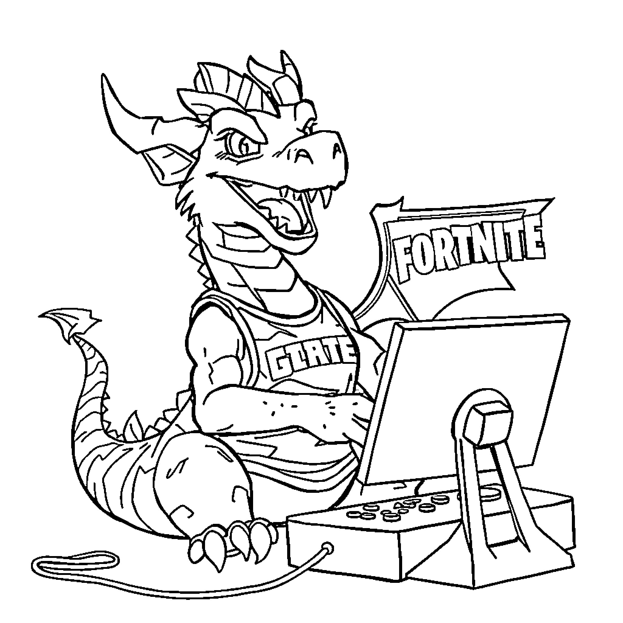 Dragon gaming enthusiastically on Fortnite Coloring Page (free black-and-white line drawing printable PDF for all, from beginners to advanced learners, including children, teens, adults, and seniors)
