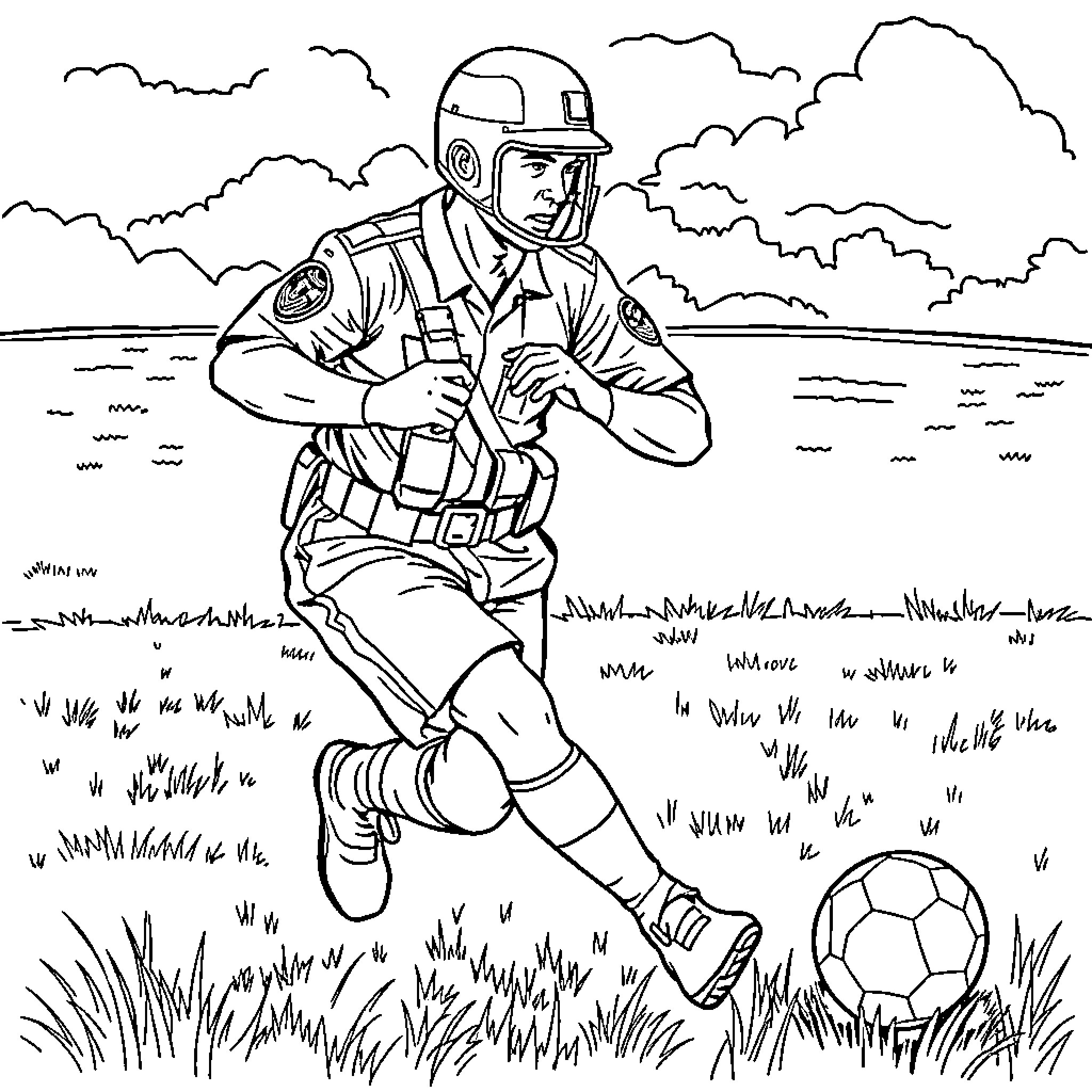 Army Man Playing Soccer on the Field Coloring Page (free black-and-white line drawing printable PDF for all, from beginners to advanced learners, including children, teens, adults, and seniors)