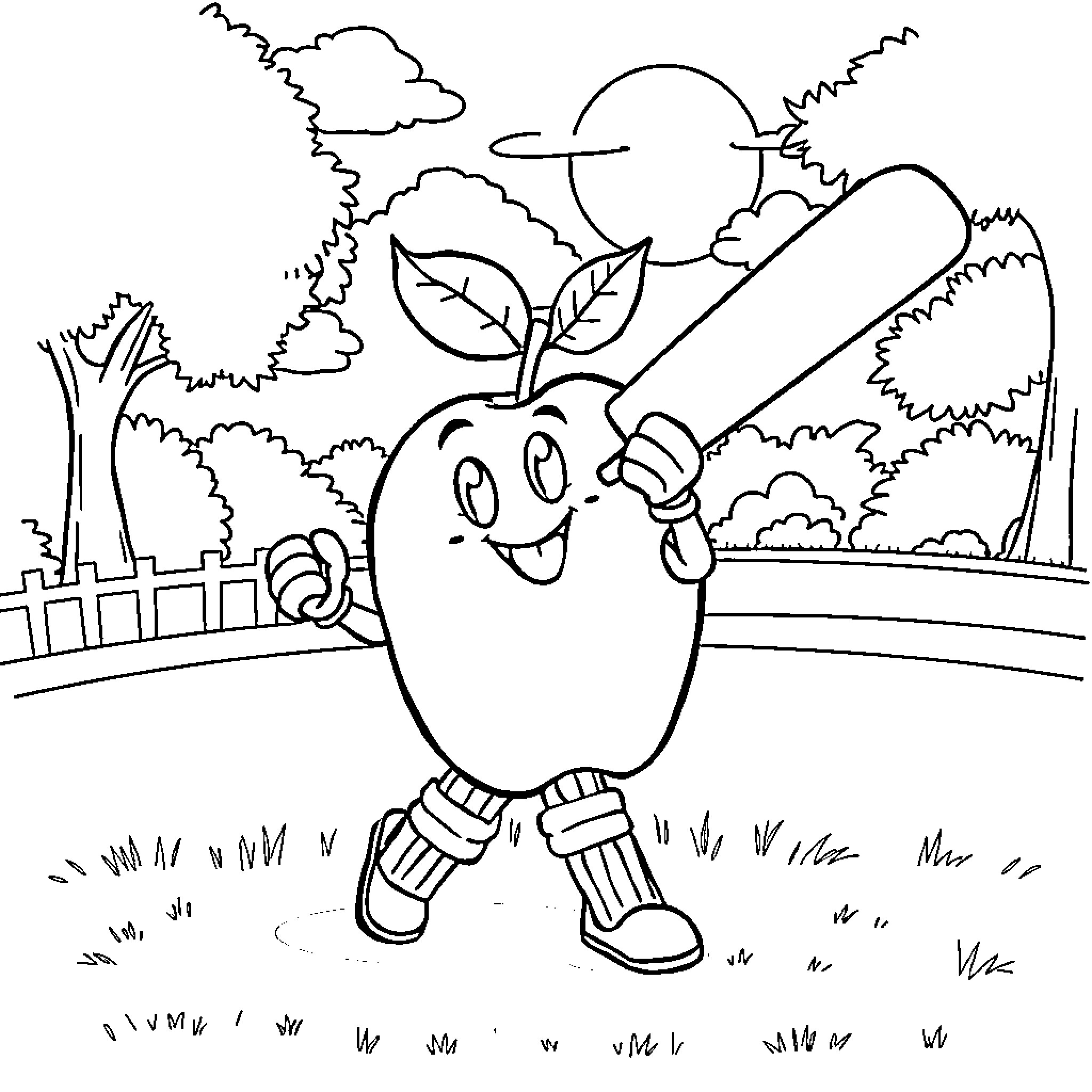 Apple character playing in a scenic outdoor setting Coloring Page (free black-and-white line drawing printable PDF for all, from beginners to advanced learners, including children, teens, adults, and seniors)