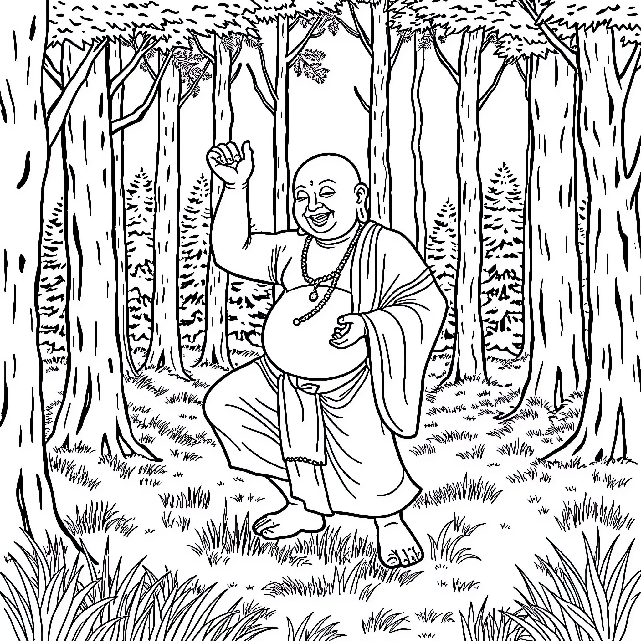 Buddha relaxing in serene forest surroundings Coloring Page (free black-and-white line drawing printable PDF for all, from beginners to advanced learners, including children, teens, adults, and seniors)