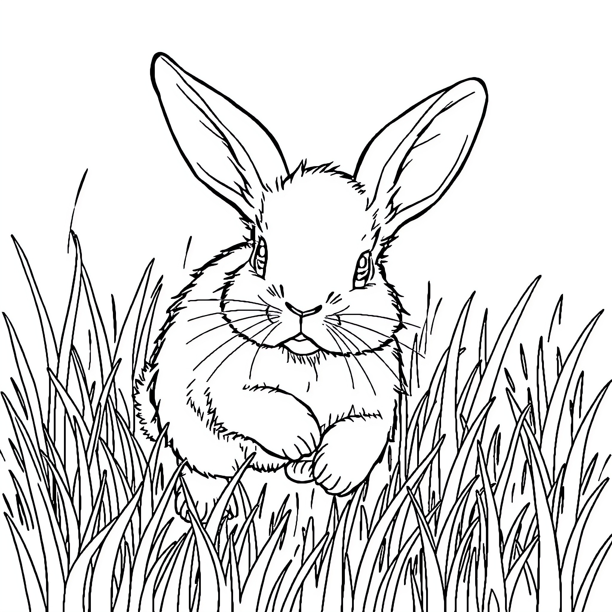 Rabbit hiding in the tall grass Coloring Page (free black-and-white line drawing printable PDF for all, from beginners to advanced learners, including children, teens, adults, and seniors)