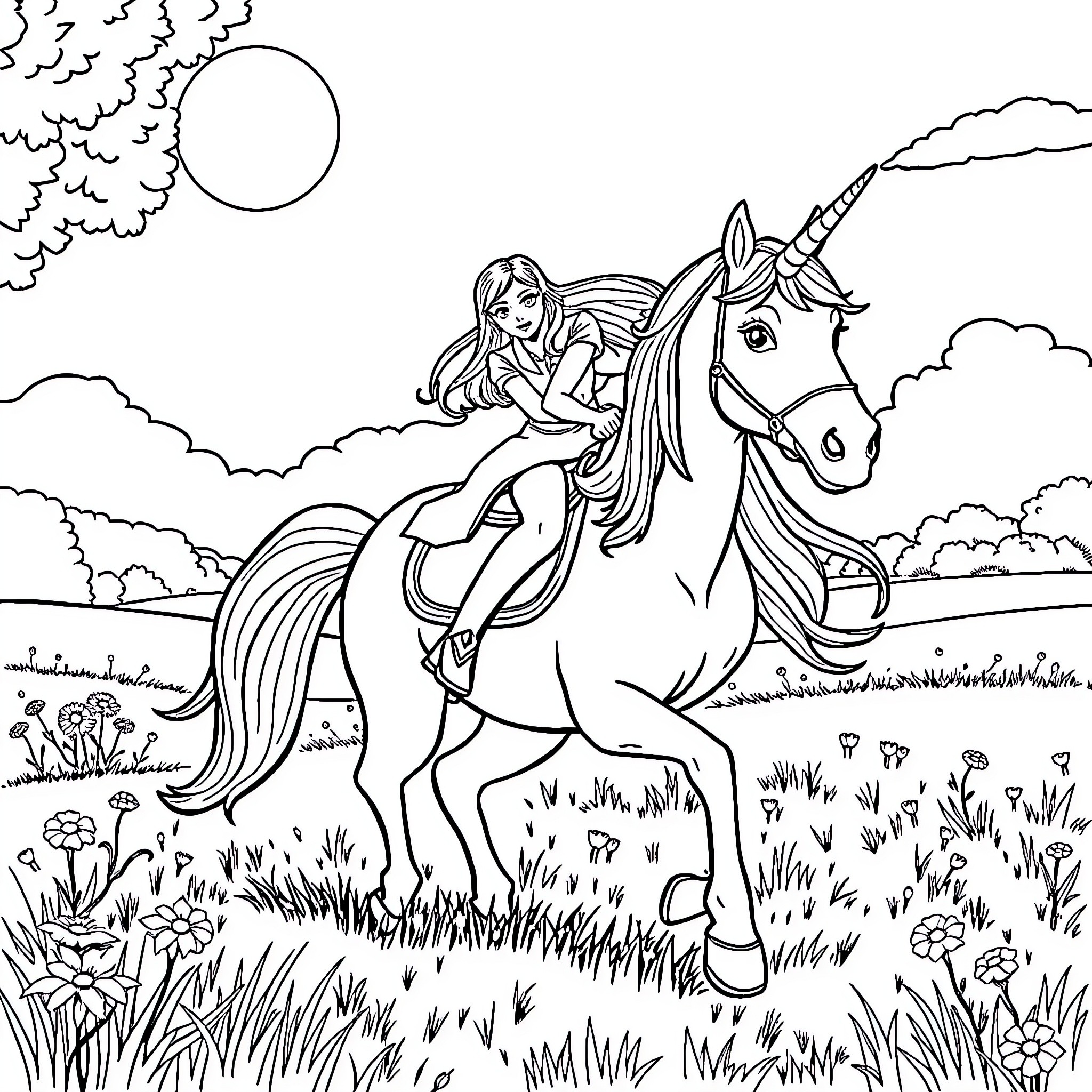 Valentina riding a magical unicorn through a whimsical landscape Coloring Page (free black-and-white line drawing printable PDF for all, from beginners to advanced learners, including children, teens, adults, and seniors)