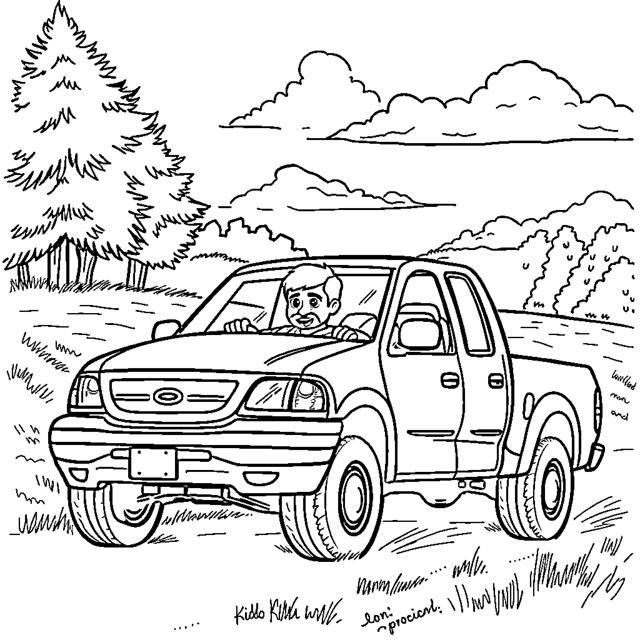 Kidd G's Adventurous Road Trip in the Countryside Coloring Page (free black-and-white line drawing printable PDF for all, from beginners to advanced learners, including children, teens, adults, and seniors)