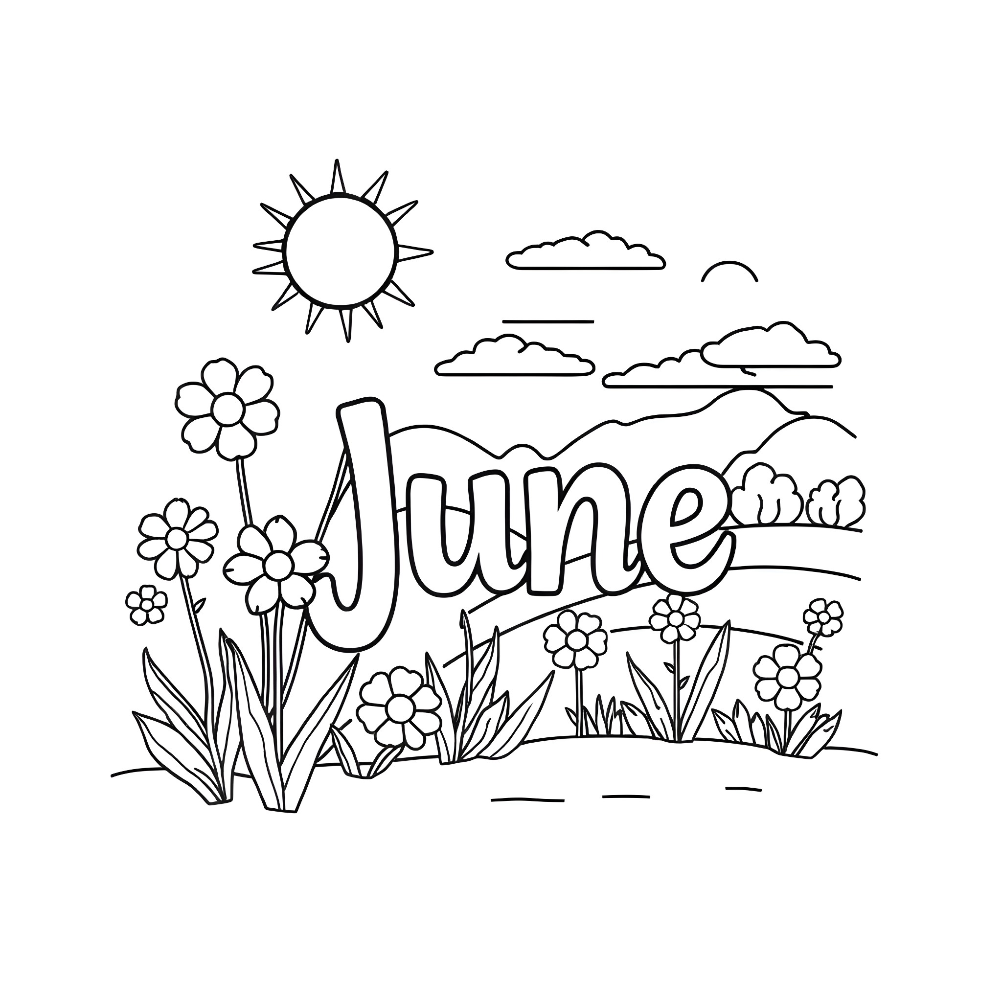 June flowers blooming in the sunny meadow Coloring Page (free black-and-white line drawing printable PDF for all, from beginners to advanced learners, including children, teens, adults, and seniors)