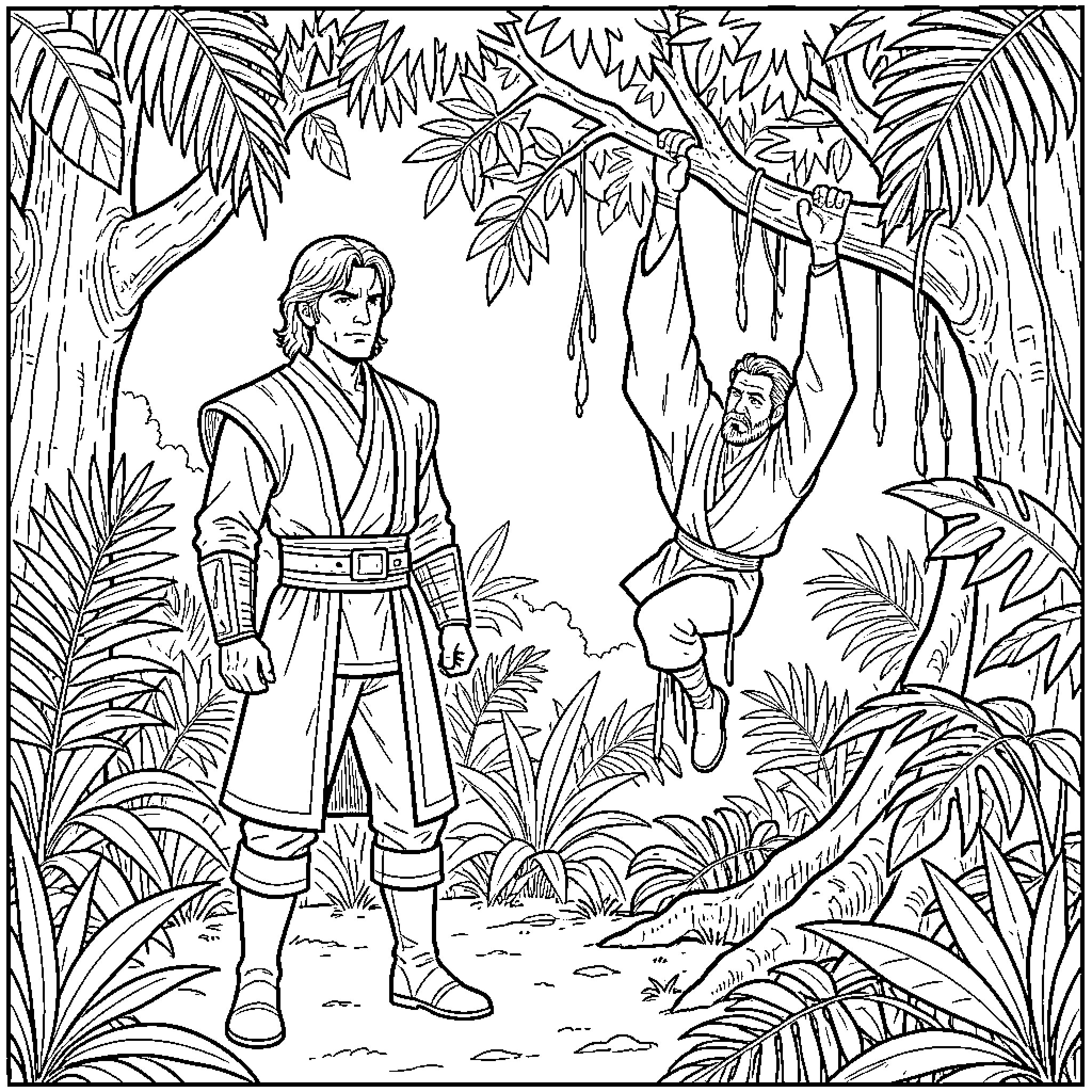 Anakin Skywalker standing in a lush tropical jungle Coloring Page (free black-and-white line drawing printable PDF for all, from beginners to advanced learners, including children, teens, adults, and seniors)