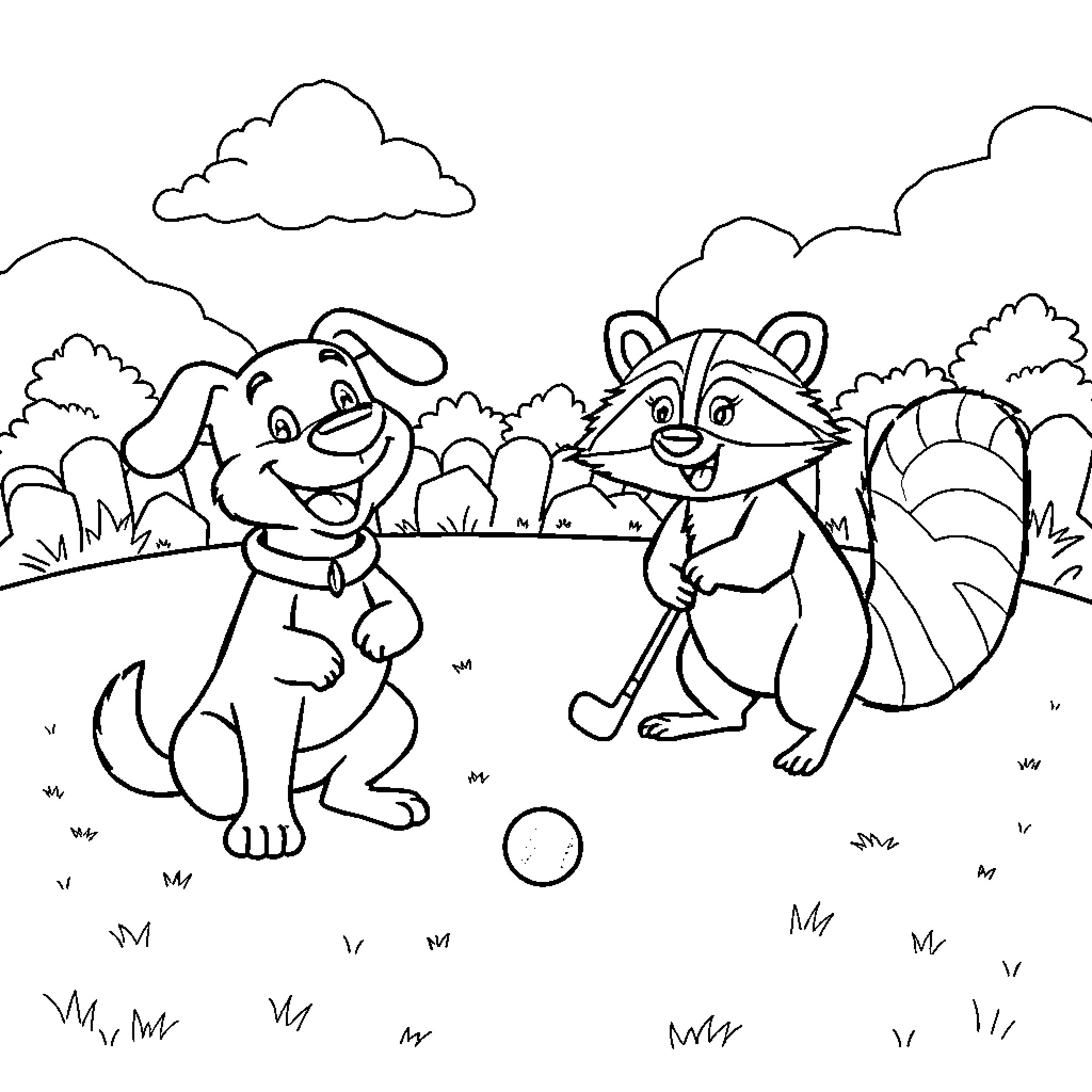 Dog and Raccoon Playing Outdoors Coloring Page (free black-and-white line drawing printable PDF for all, from beginners to advanced learners, including children, teens, adults, and seniors)