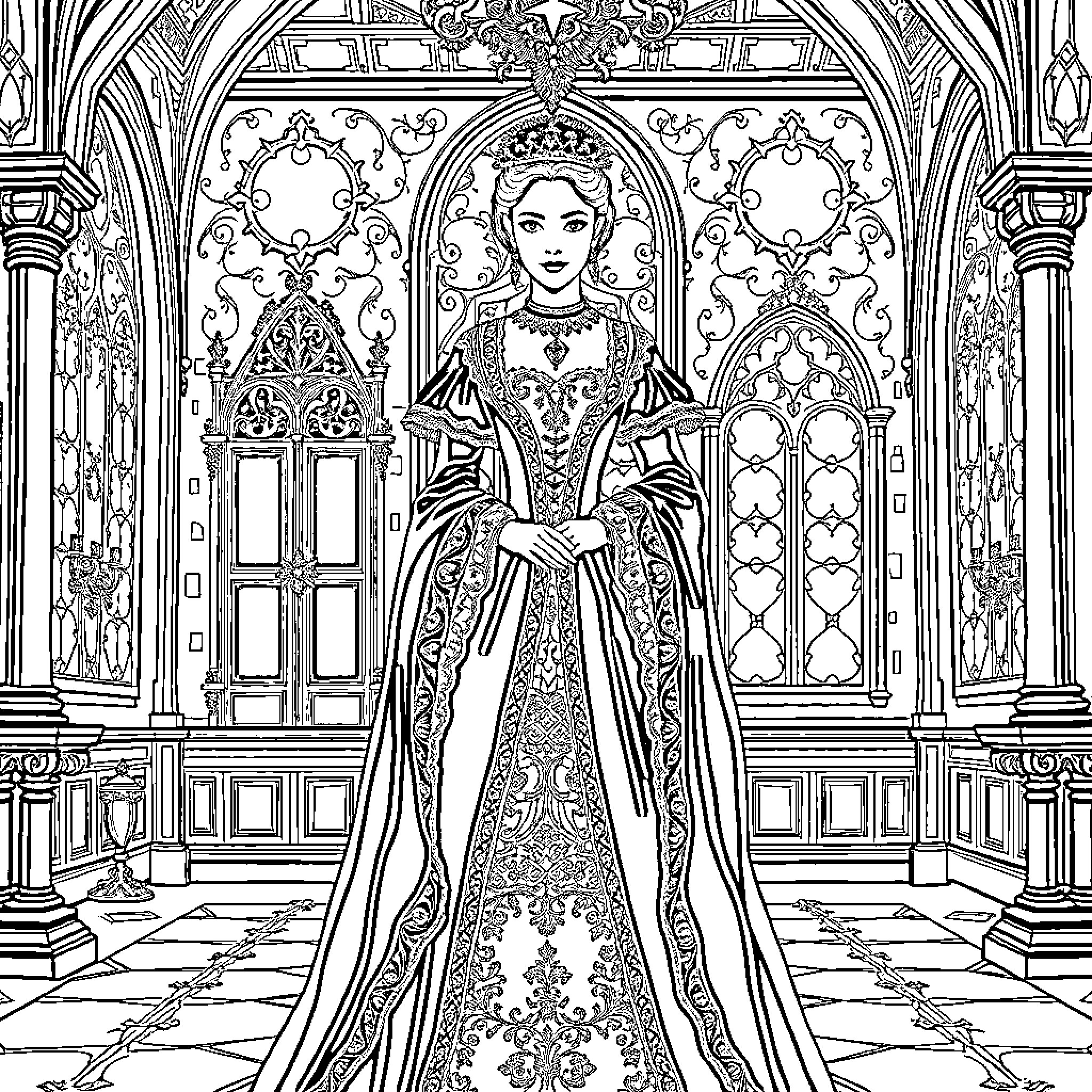 Marie in an Ornate Royal Gown in a Palace Interior Coloring Page (free black-and-white line drawing printable PDF for all, from beginners to advanced learners, including children, teens, adults, and seniors)