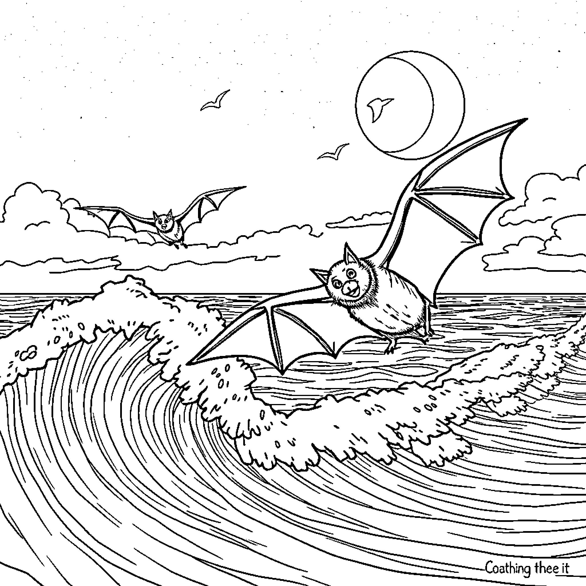 Bats soaring through the night sky over crashing waves Coloring Page (free black-and-white line drawing printable PDF for all, from beginners to advanced learners, including children, teens, adults, and seniors)
