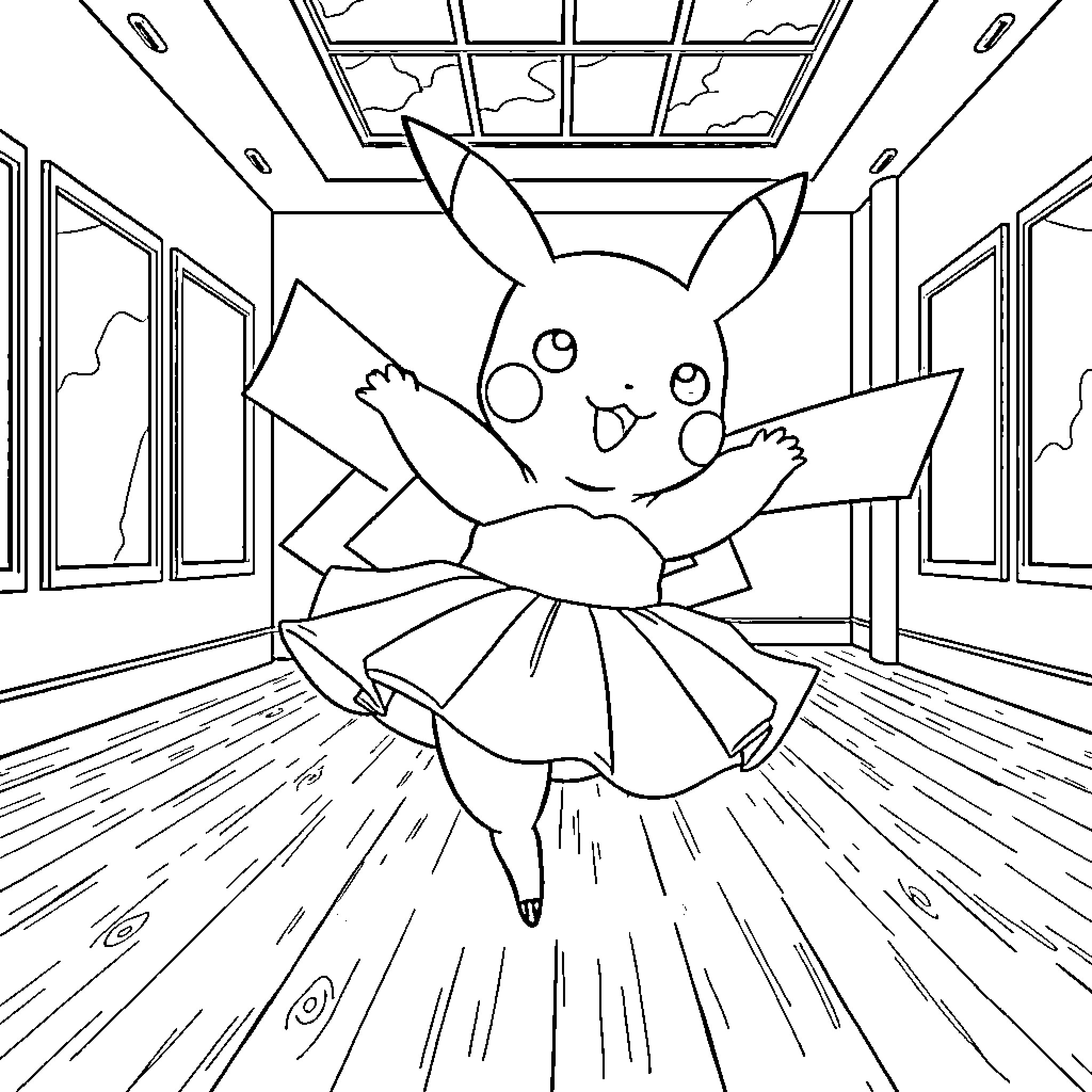 Pikachu excitedly flying through the room Coloring Page (free black-and-white line drawing printable PDF for all, from beginners to advanced learners, including children, teens, adults, and seniors)
