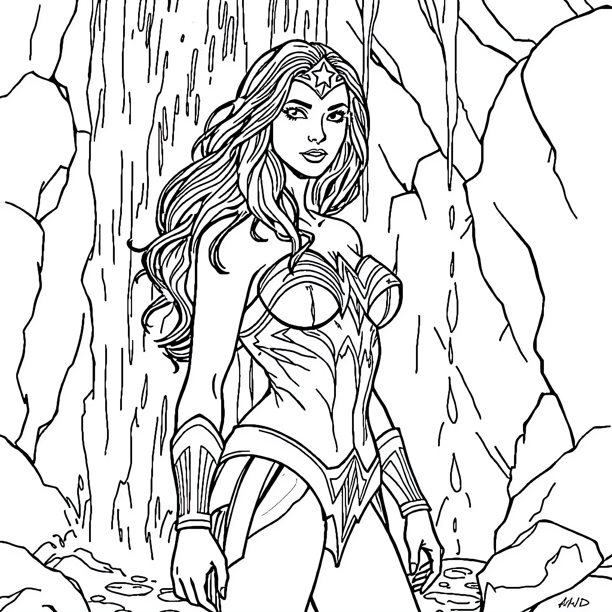 Wonder Woman in action amid rocky terrain Coloring Page (free black-and-white line drawing printable PDF for all, from beginners to advanced learners, including children, teens, adults, and seniors)