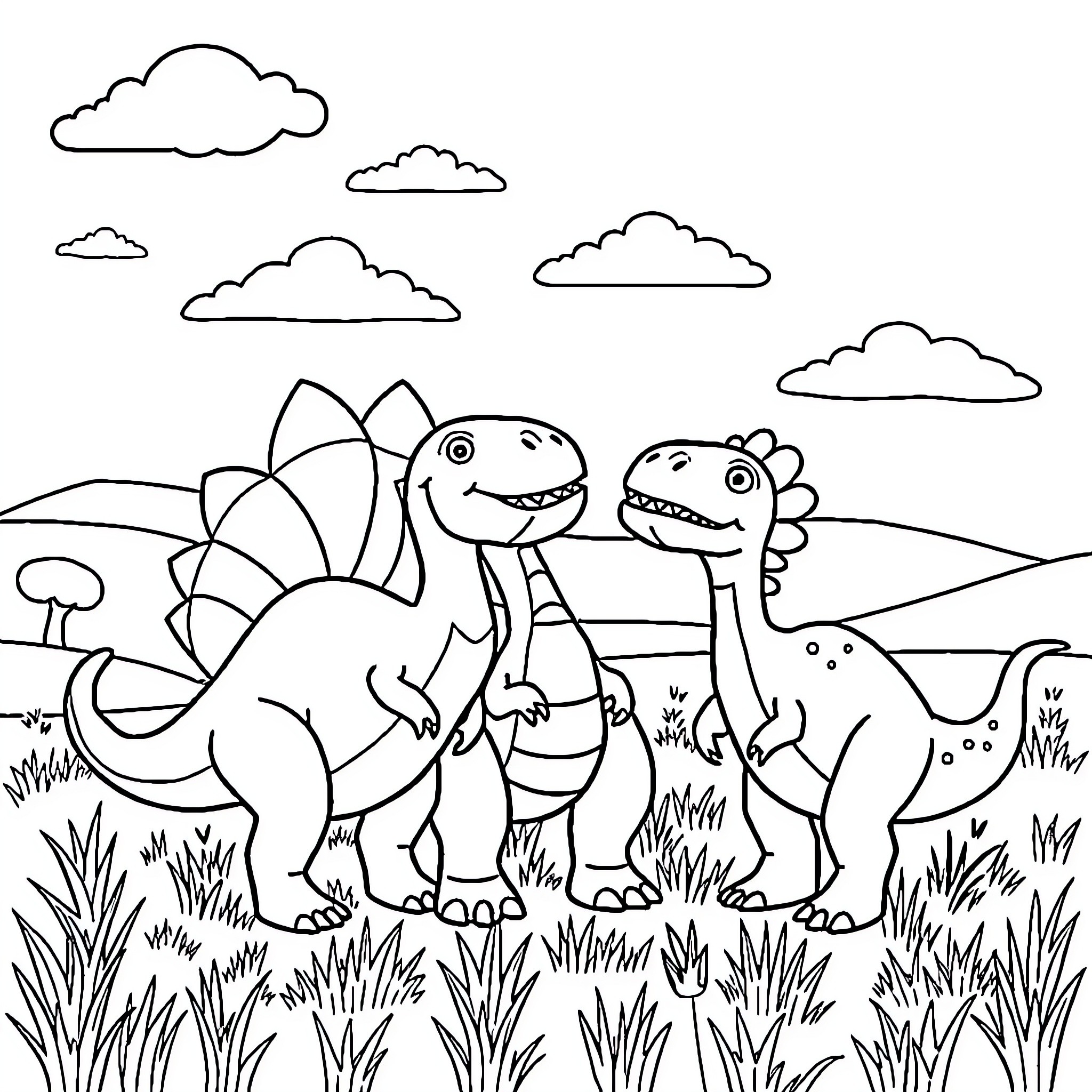 Dino friends enjoying the outdoors Coloring Page (free black-and-white line drawing printable PDF for all, from beginners to advanced learners, including children, teens, adults, and seniors)