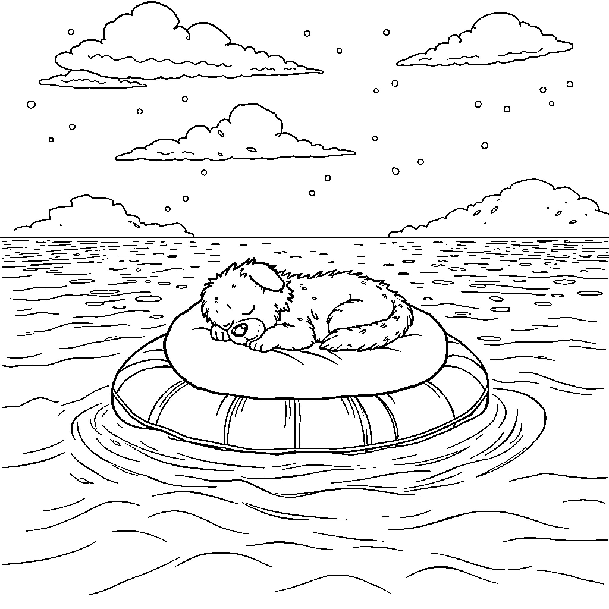 Dog resting on a floating platform in a serene scene Coloring Page (free black-and-white line drawing printable PDF for all, from beginners to advanced learners, including children, teens, adults, and seniors)