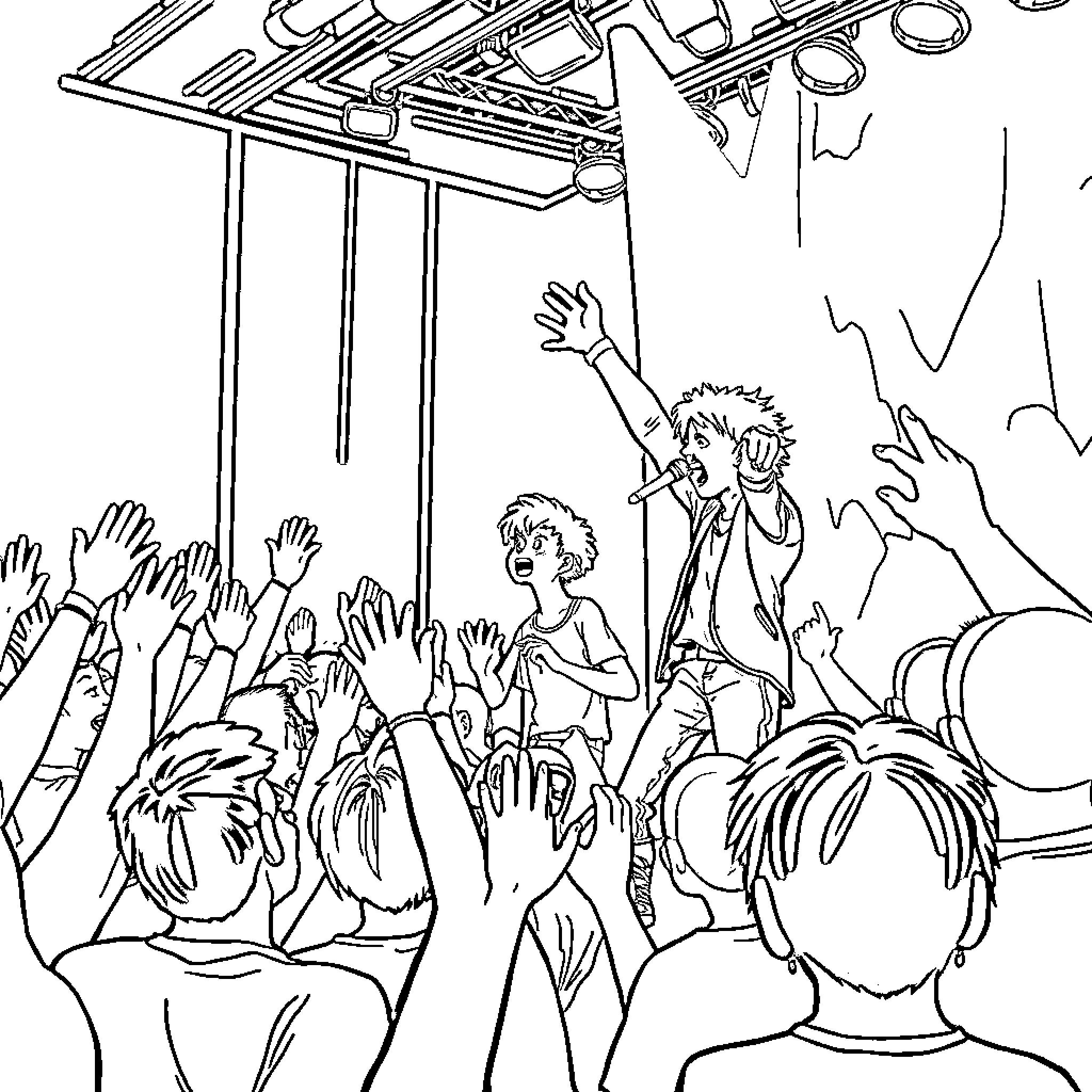 Playboi Carti performing on stage with energetic fans Coloring Page (free black-and-white line drawing printable PDF for all, from beginners to advanced learners, including children, teens, adults, and seniors)