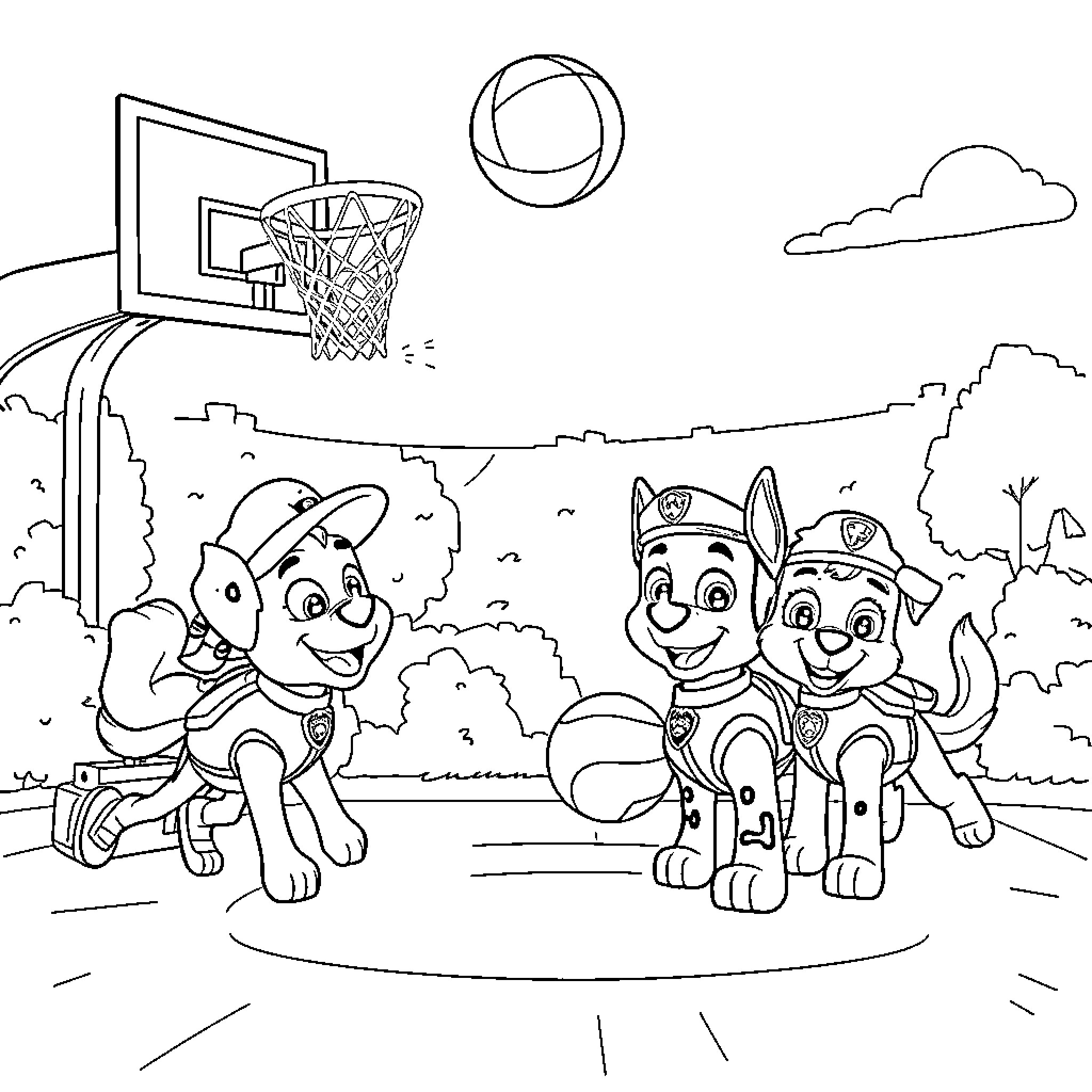 Basketball game with cartoon dogs and ball Coloring Page (free black-and-white line drawing printable PDF for all, from beginners to advanced learners, including children, teens, adults, and seniors)