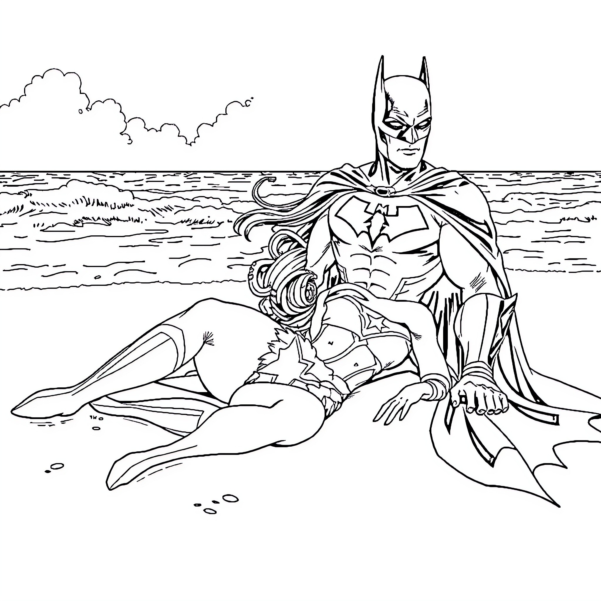 Wonder Woman Rescuing Victim on the Beach Coloring Page (free black-and-white line drawing printable PDF for all, from beginners to advanced learners, including children, teens, adults, and seniors)