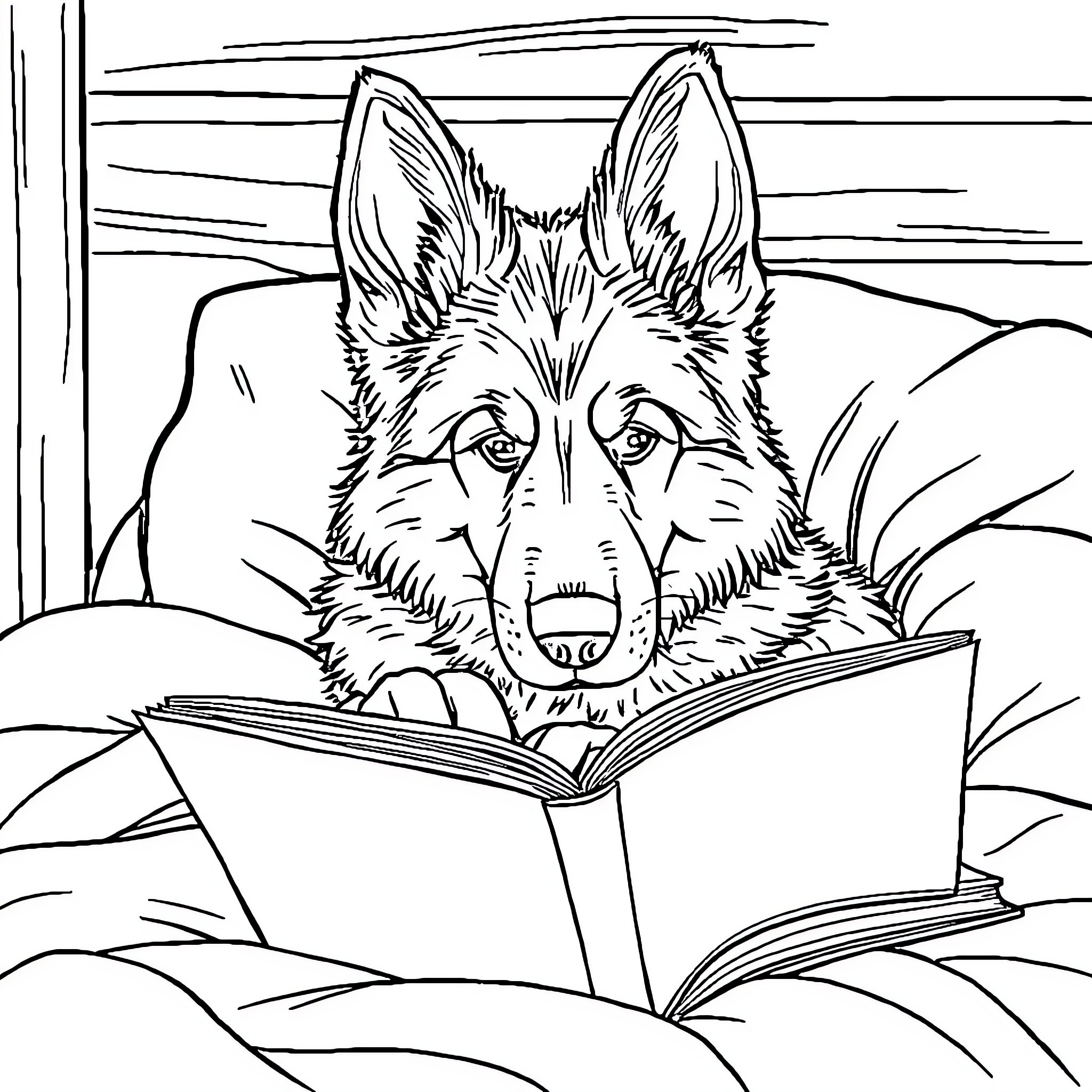 German Shepherd Reading a Book Intently Coloring Page (free black-and-white line drawing printable PDF for all, from beginners to advanced learners, including children, teens, adults, and seniors)