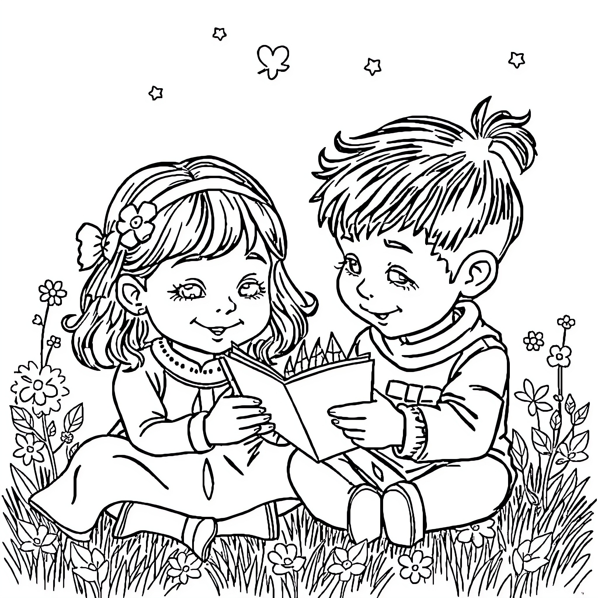 Child reading a book with a friend in a flowery field Coloring Page (free black-and-white line drawing printable PDF for all, from beginners to advanced learners, including children, teens, adults, and seniors)