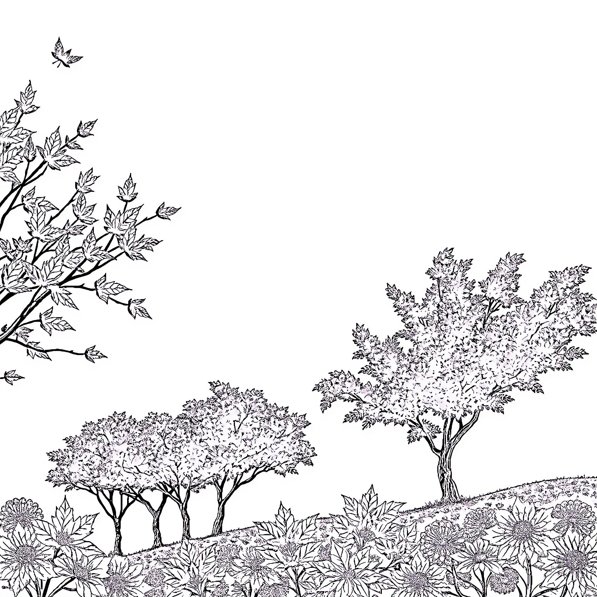 Maple Trees and Blooming Flowers in Scenic Landscape Coloring Page (free black-and-white line drawing printable PDF for all, from beginners to advanced learners, including children, teens, adults, and seniors)
