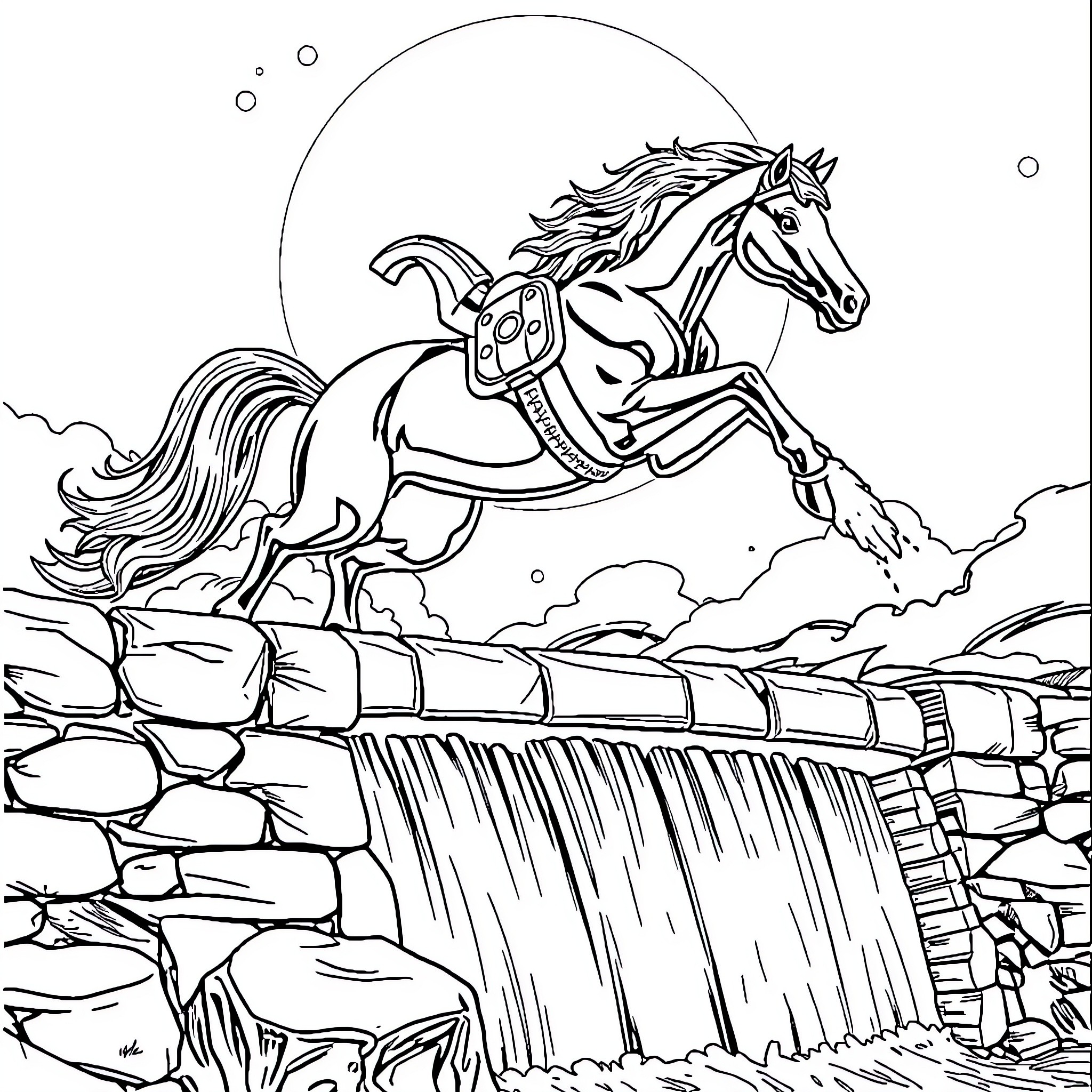 Horse leaping over a waterfall in a rocky landscape Coloring Page (free black-and-white line drawing printable PDF for all, from beginners to advanced learners, including children, teens, adults, and seniors)