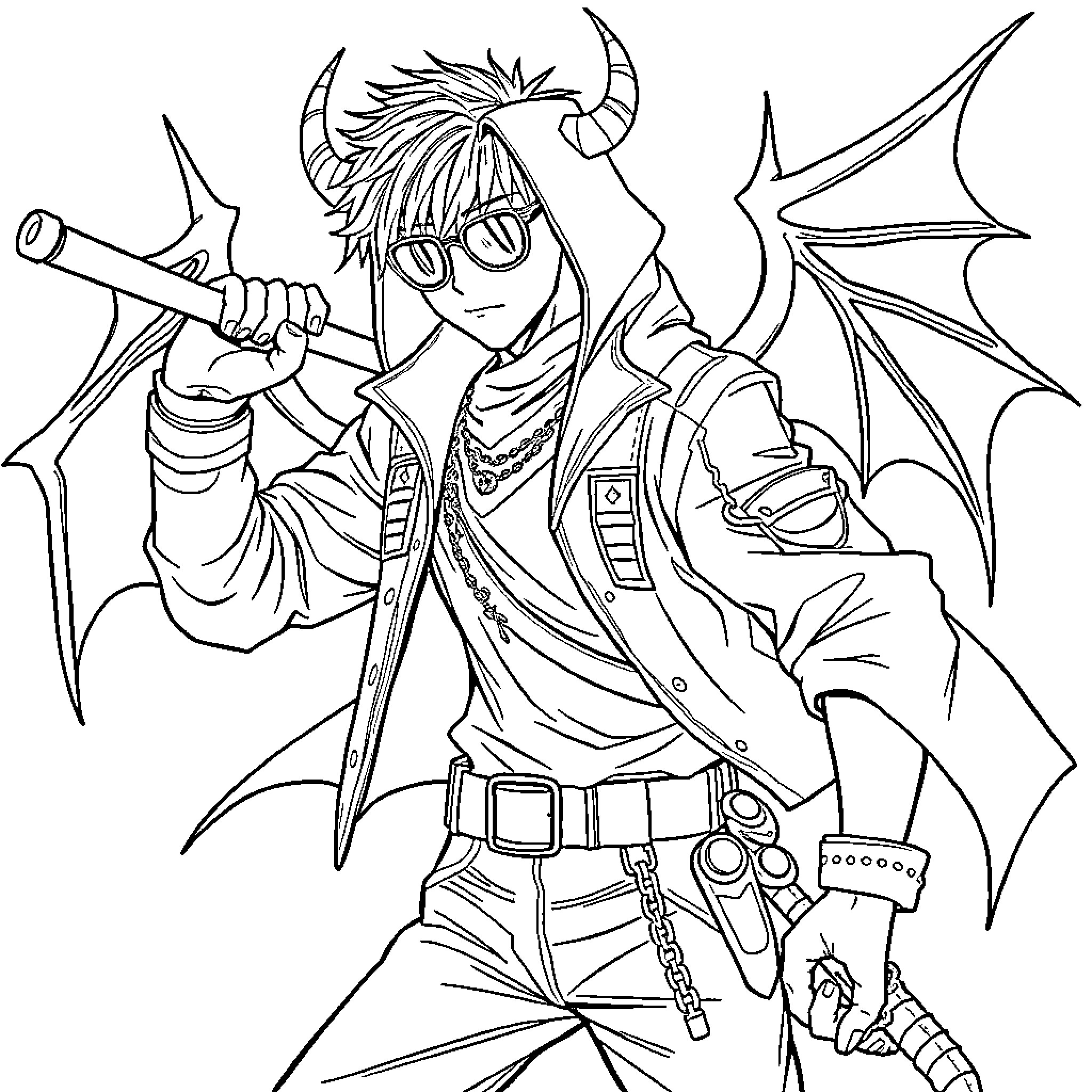 Demon Hunter with Sword and Bat Wings Coloring Page (free black-and-white line drawing printable PDF for all, from beginners to advanced learners, including children, teens, adults, and seniors)