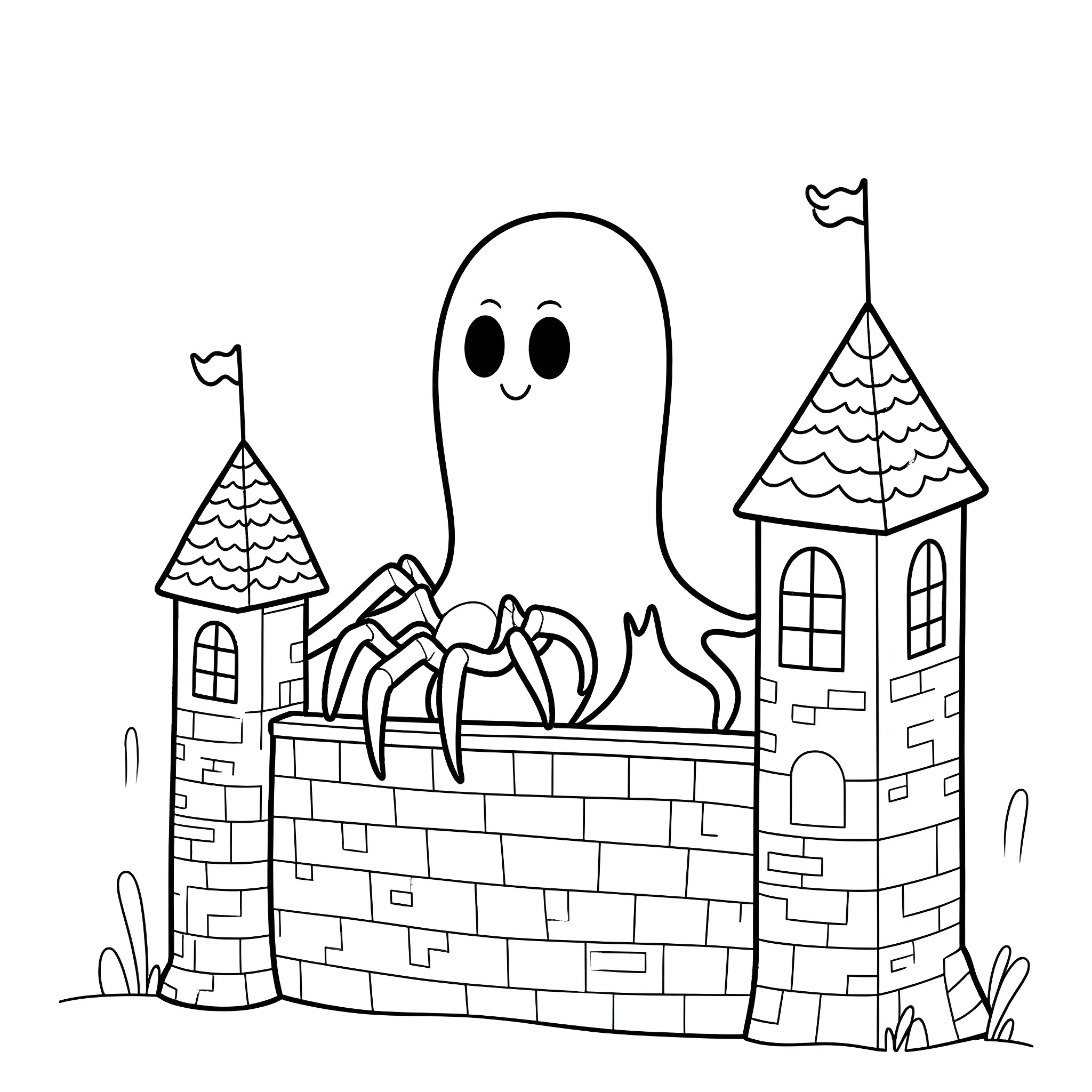 Spider-themed Haunted Castle with Ghost Coloring Page (free black-and-white line drawing printable PDF for all, from beginners to advanced learners, including children, teens, adults, and seniors)