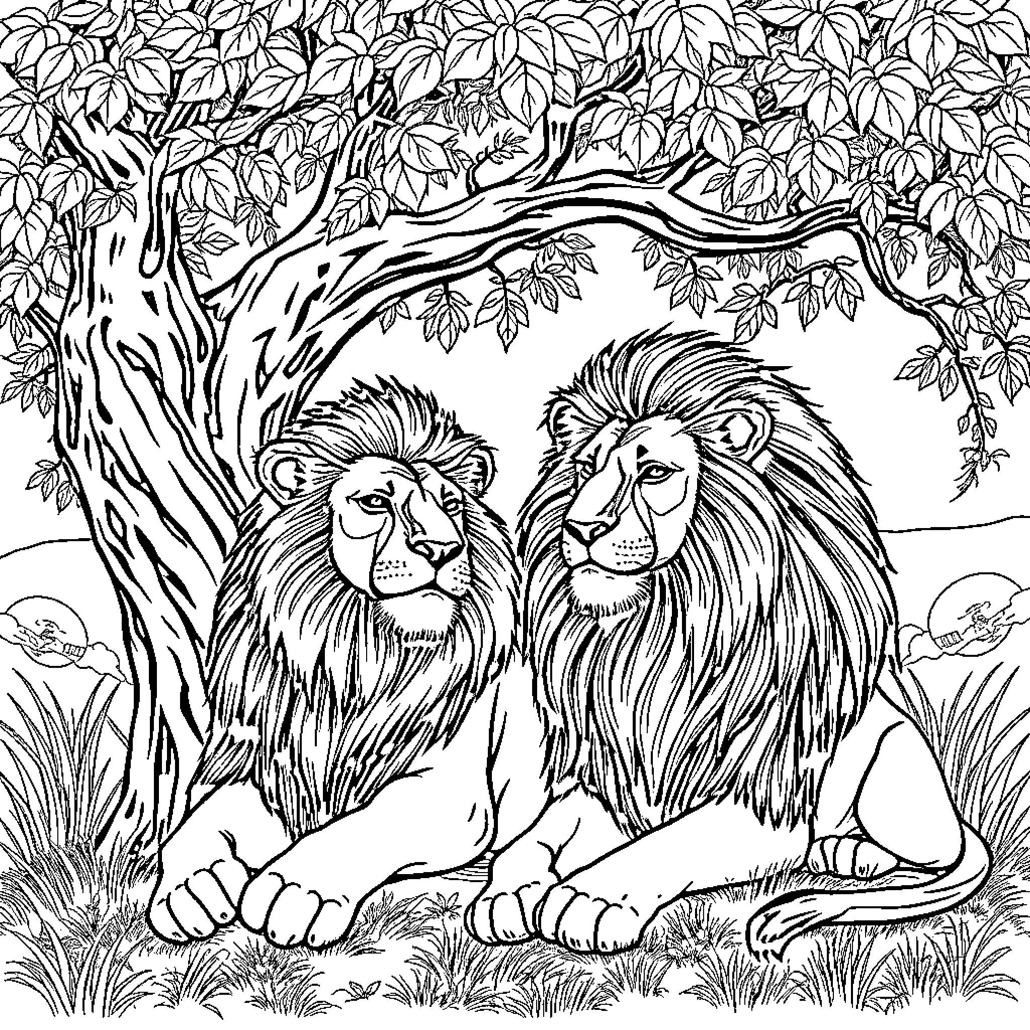 Lion Duo in Lush Woodland Landscape Coloring Page (free black-and-white line drawing printable PDF for all, from beginners to advanced learners, including children, teens, adults, and seniors)