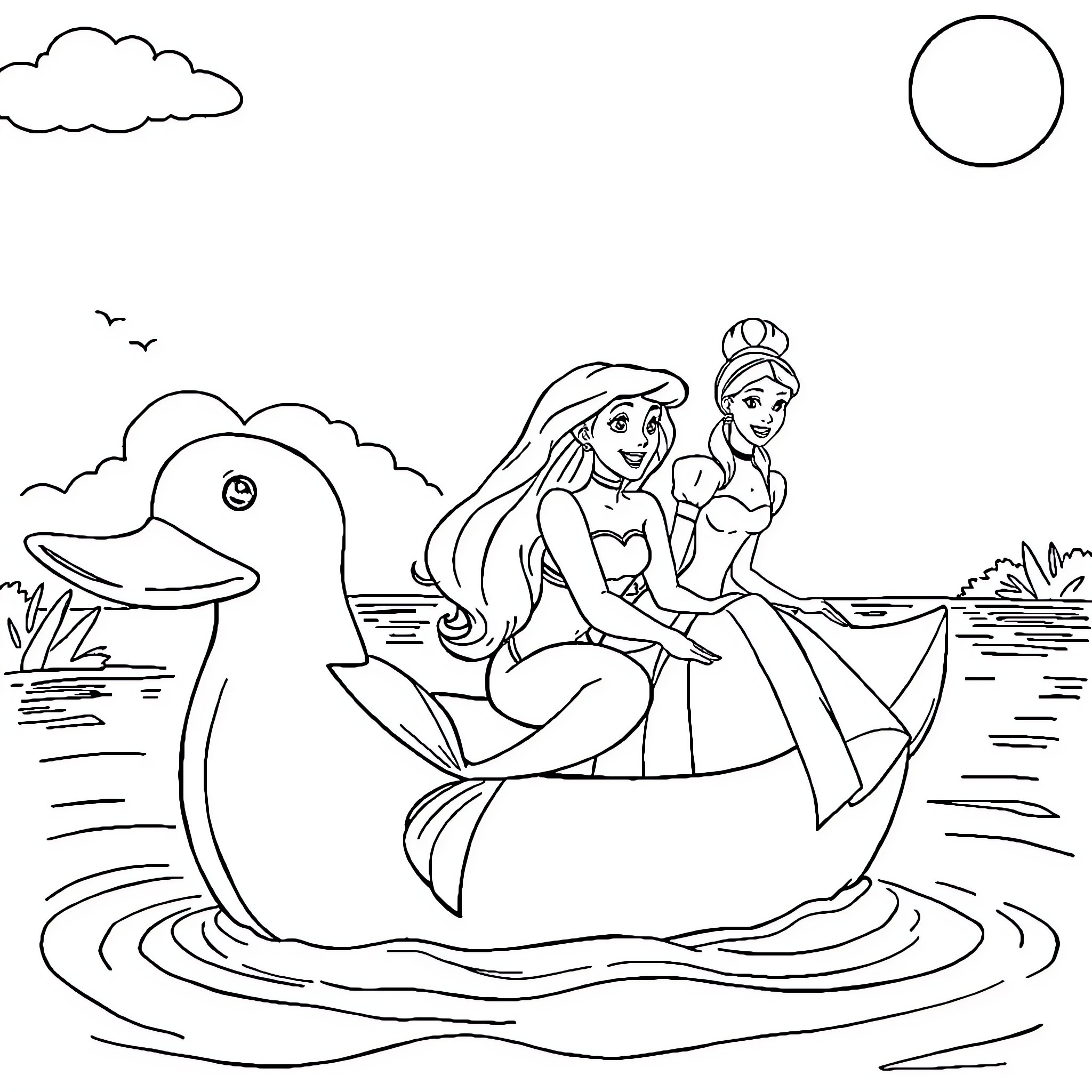 Ariel and Jasmine enjoying a serene boat ride Coloring Page (free black-and-white line drawing printable PDF for all, from beginners to advanced learners, including children, teens, adults, and seniors)