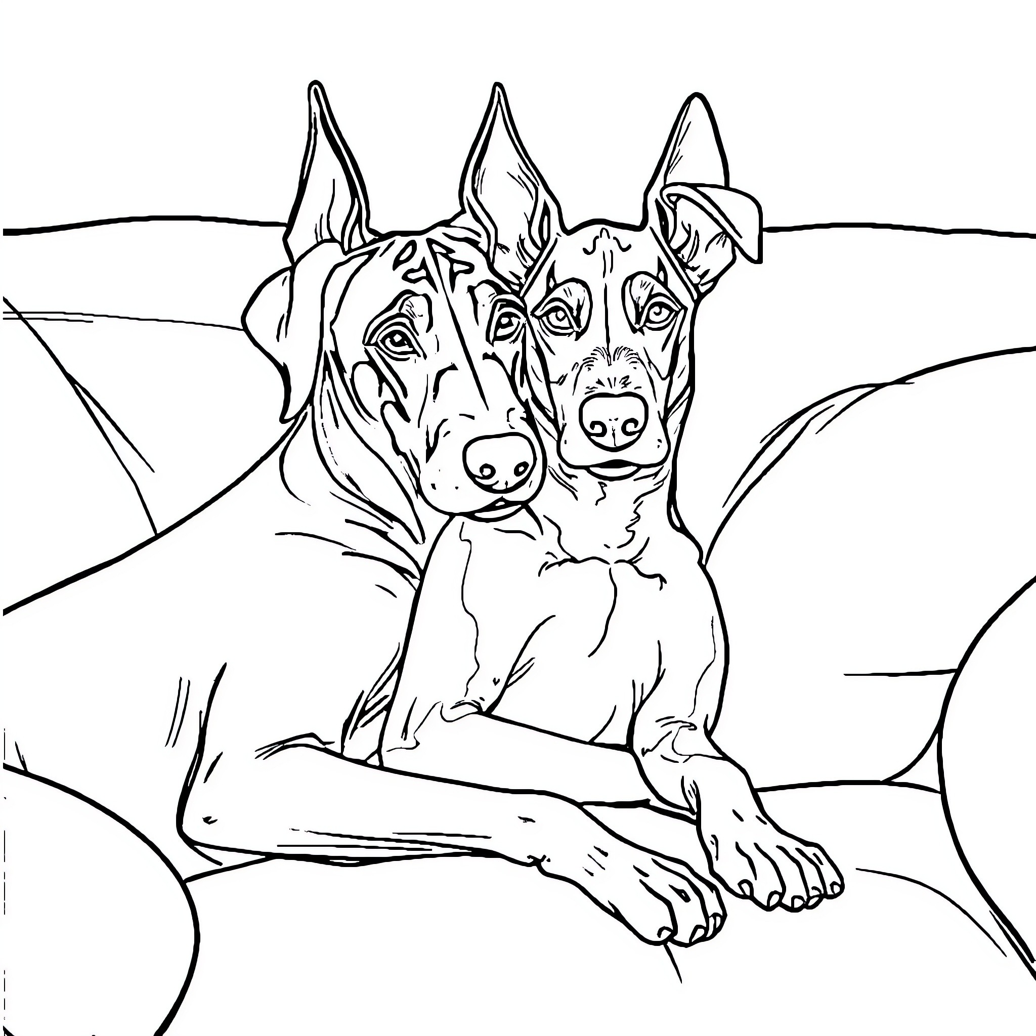Doberman duo resting in the field Coloring Page (free black-and-white line drawing printable PDF for all, from beginners to advanced learners, including children, teens, adults, and seniors)