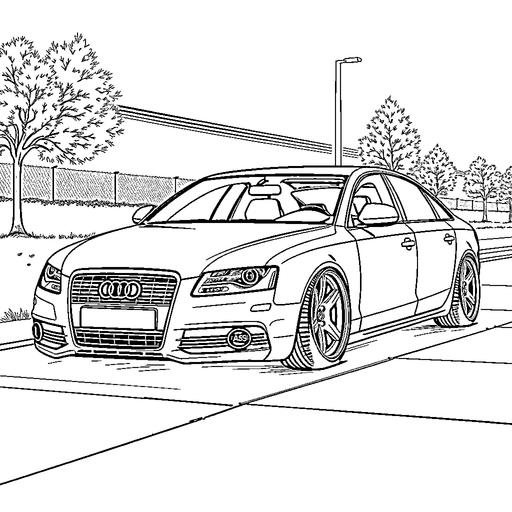 Audi A6 parked on the street Coloring Page (free black-and-white line drawing printable PDF for all, from beginners to advanced learners, including children, teens, adults, and seniors)