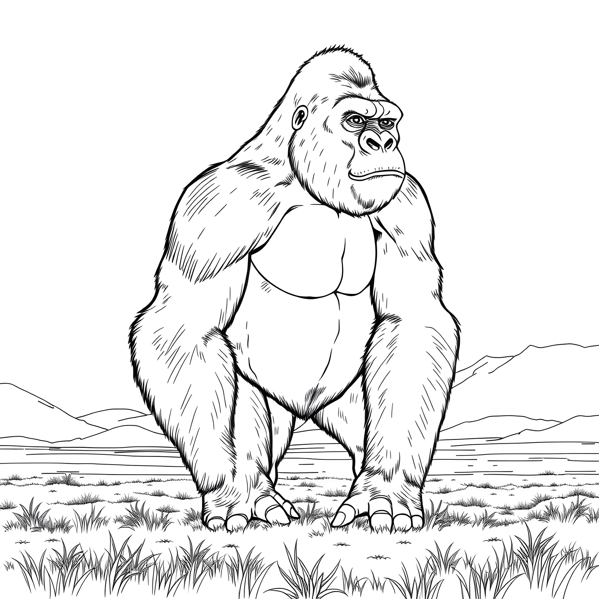 Gorilla standing strong in the wilderness Coloring Page (free black-and-white line drawing printable PDF for all, from beginners to advanced learners, including children, teens, adults, and seniors)