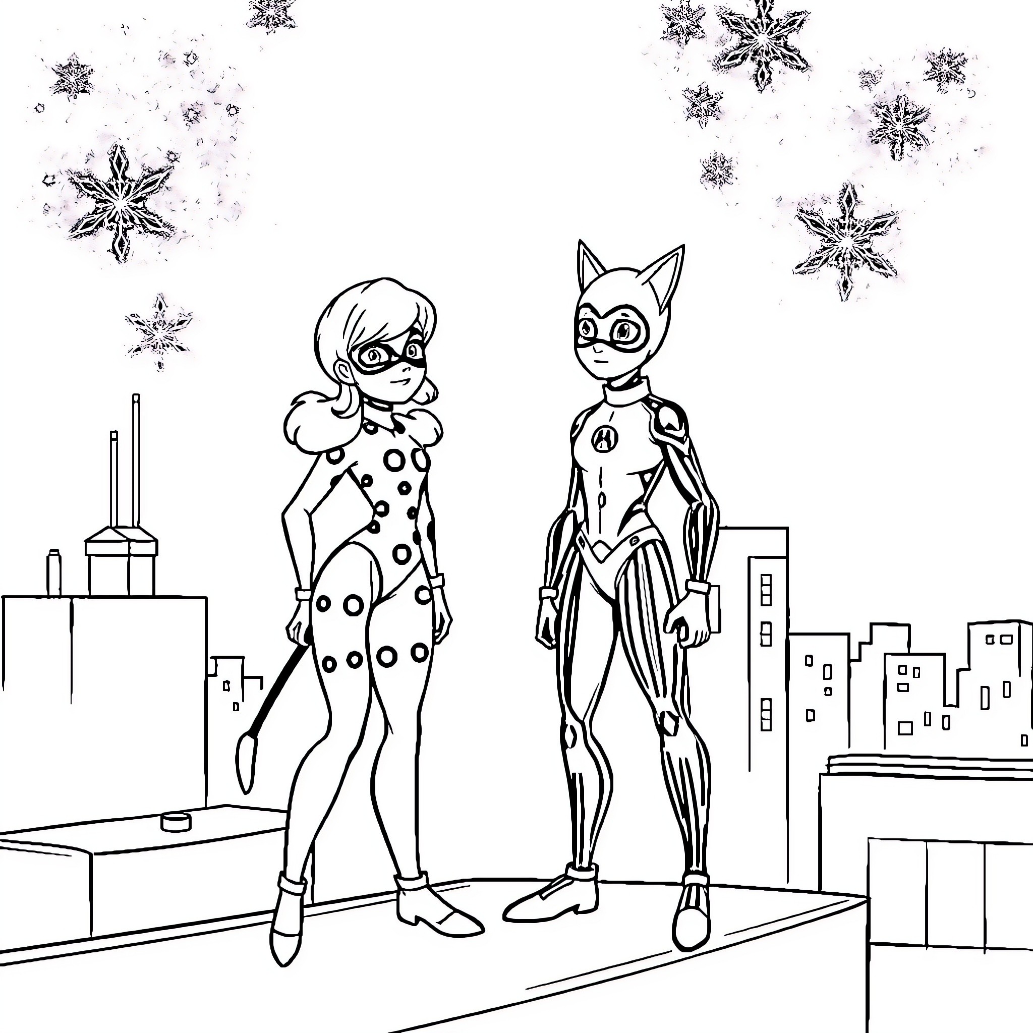 Ladybug and cat superhero duo in city Coloring Page (free black-and-white line drawing printable PDF for all, from beginners to advanced learners, including children, teens, adults, and seniors)