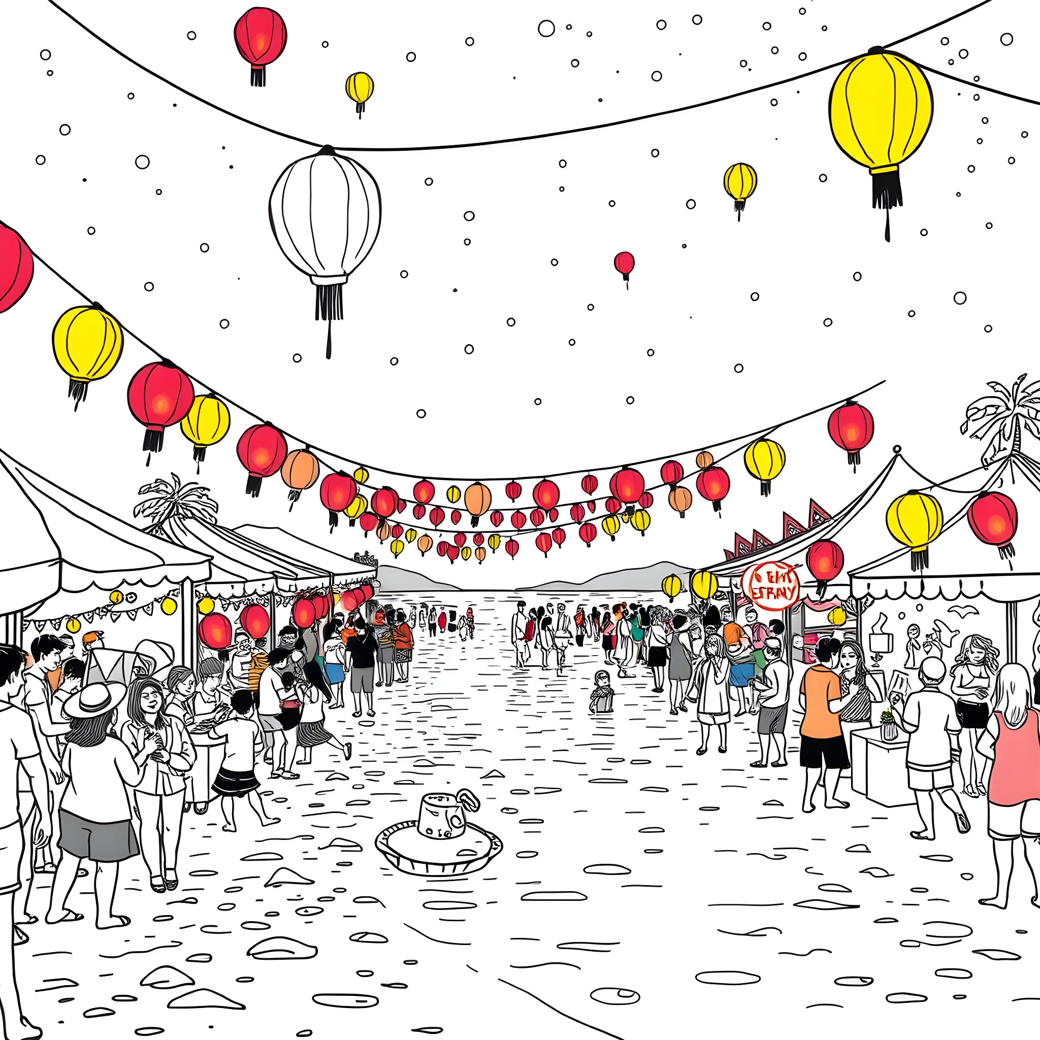 Festival of colorful lanterns and festive crowds Coloring Page (free black-and-white line drawing printable PDF for all, from beginners to advanced learners, including children, teens, adults, and seniors)