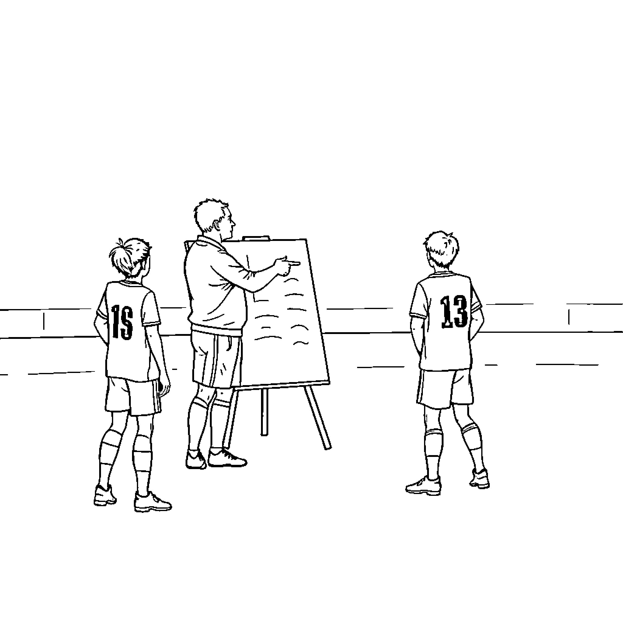Soccer Coach Providing Instructions to Players Coloring Page (free black-and-white line drawing printable PDF for all, from beginners to advanced learners, including children, teens, adults, and seniors)