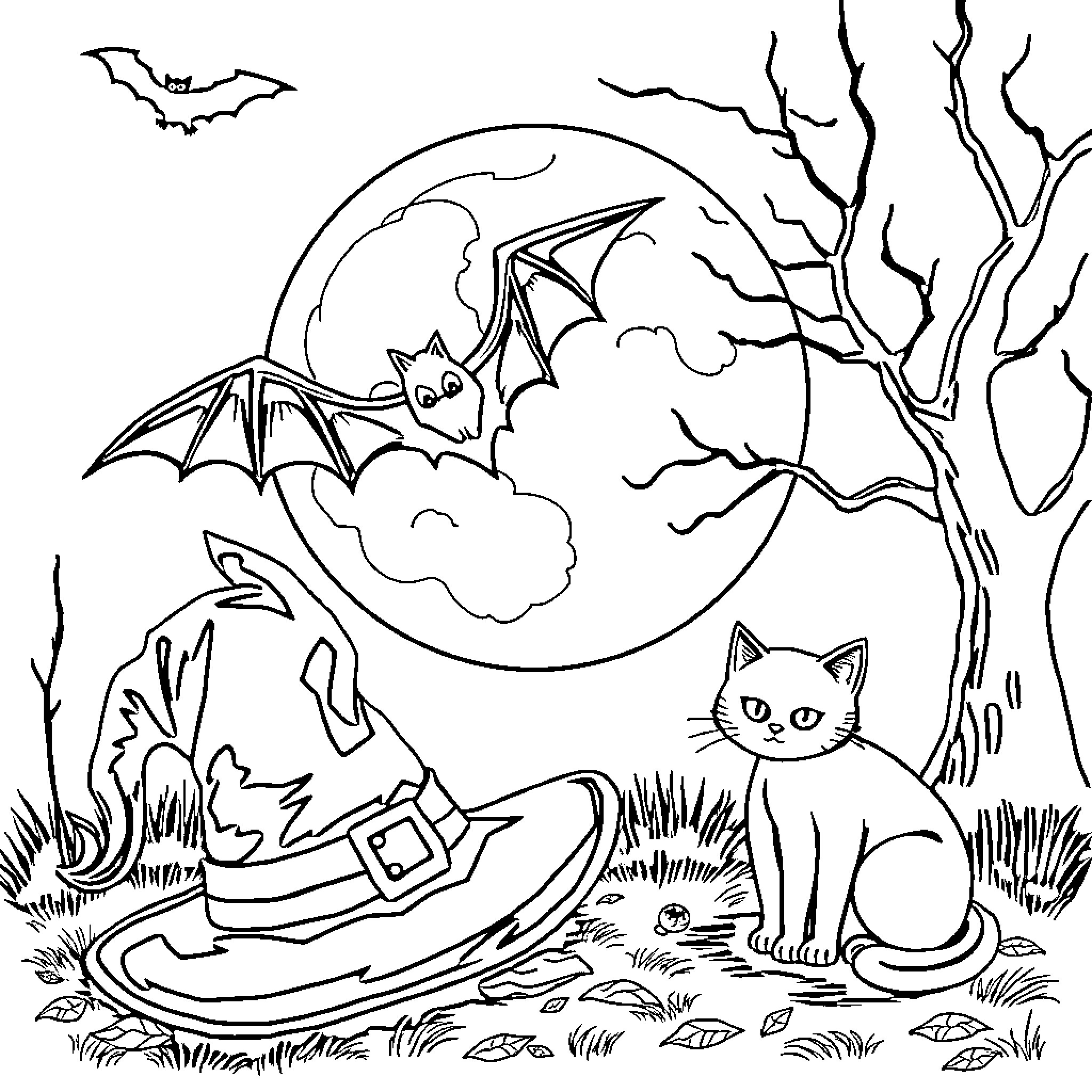 Bat Soaring Over Spooky Halloween Scene Coloring Page (free black-and-white line drawing printable PDF for all, from beginners to advanced learners, including children, teens, adults, and seniors)