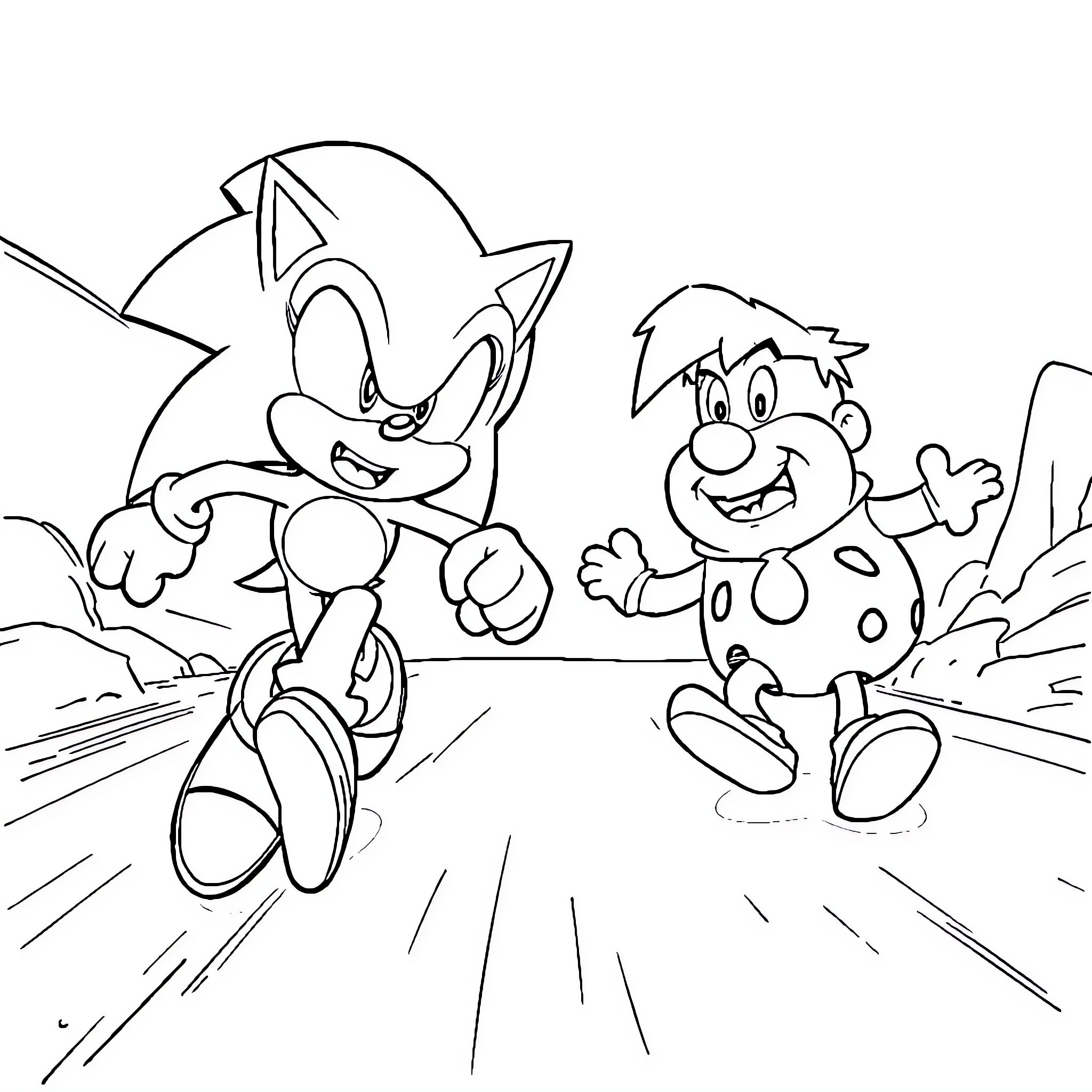 Sonic racing with a friendly animal companion Coloring Page (free black-and-white line drawing printable PDF for all, from beginners to advanced learners, including children, teens, adults, and seniors)