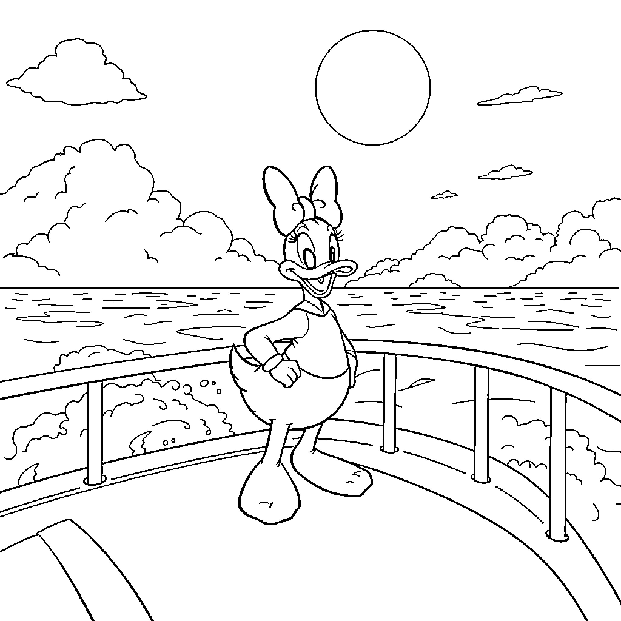 Daisy Duck enjoying a sunset at the pier Coloring Page (free black-and-white line drawing printable PDF for all, from beginners to advanced learners, including children, teens, adults, and seniors)