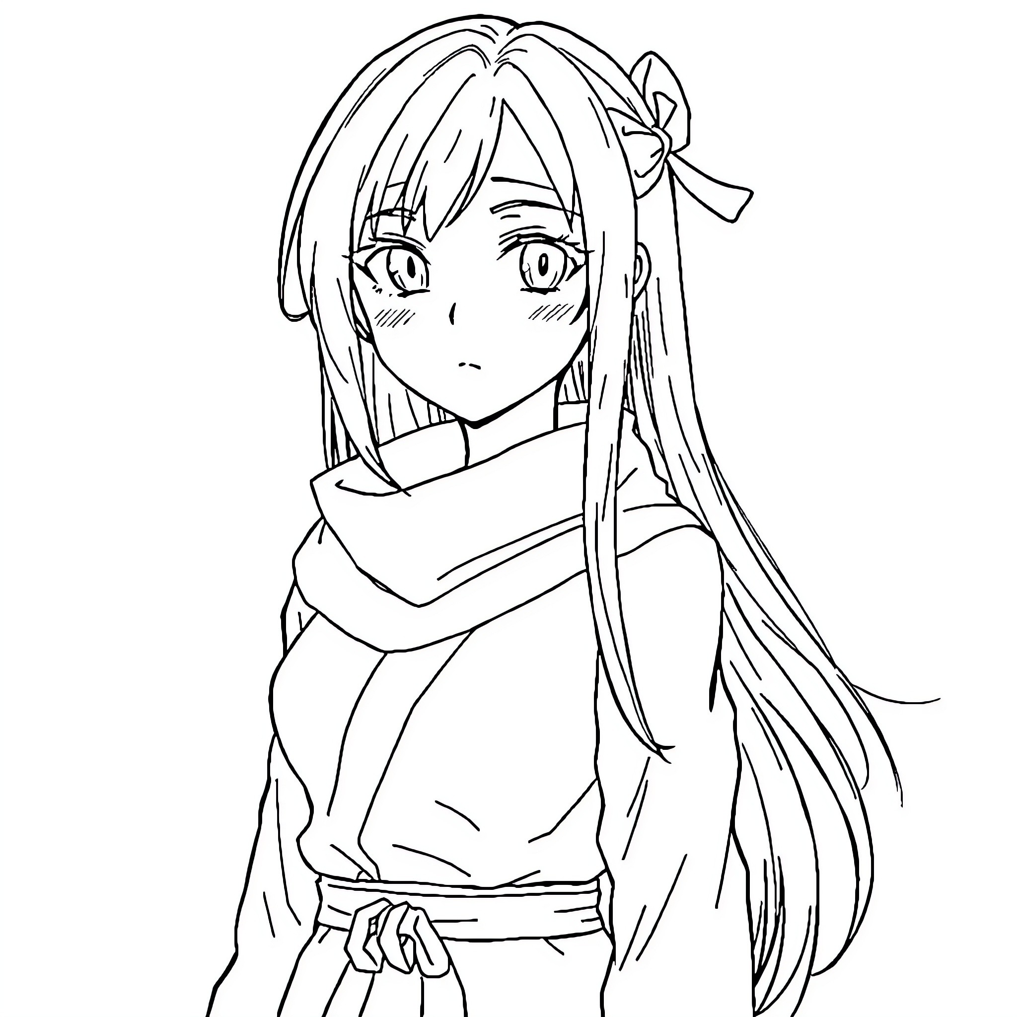 Hinata Hyuga - Thoughtful Anime Character Coloring Page (free black-and-white line drawing printable PDF for all, from beginners to advanced learners, including children, teens, adults, and seniors)