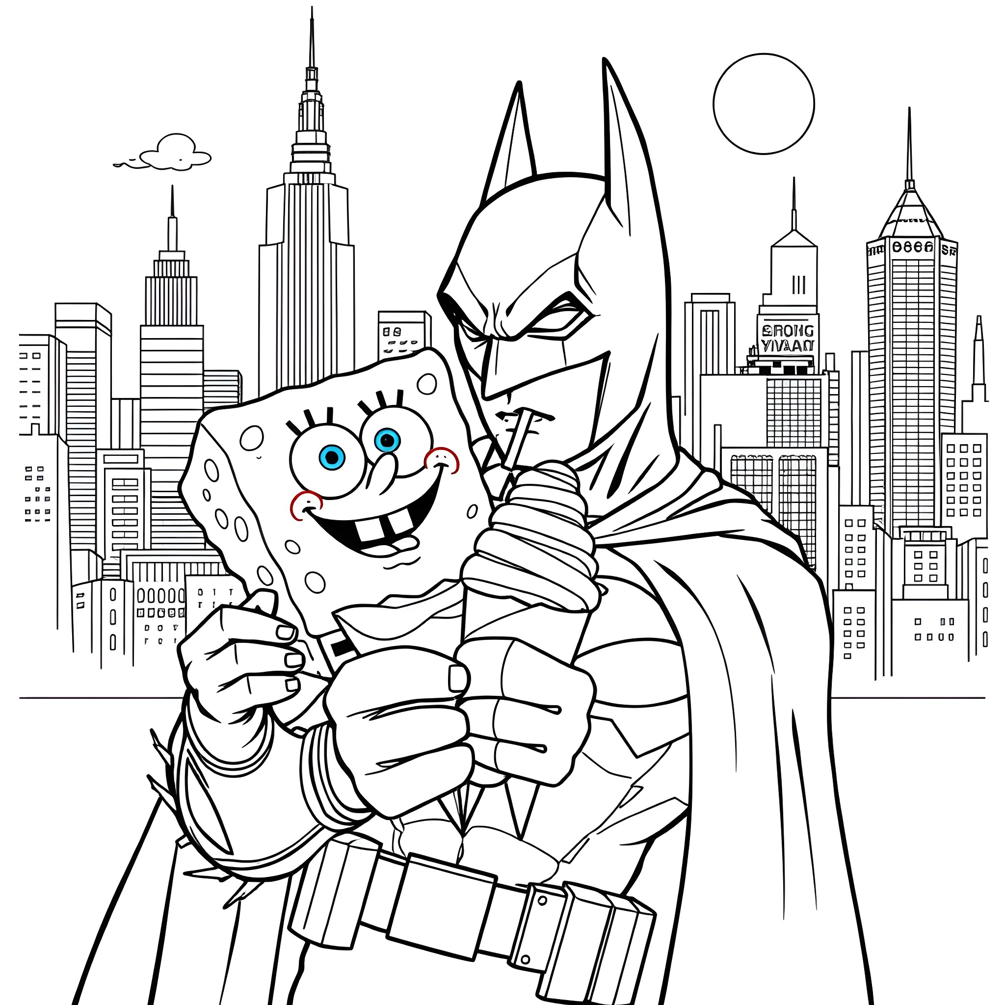 Batman teams up with Spongebob in the city Coloring Page (free black-and-white line drawing printable PDF for all, from beginners to advanced learners, including children, teens, adults, and seniors)