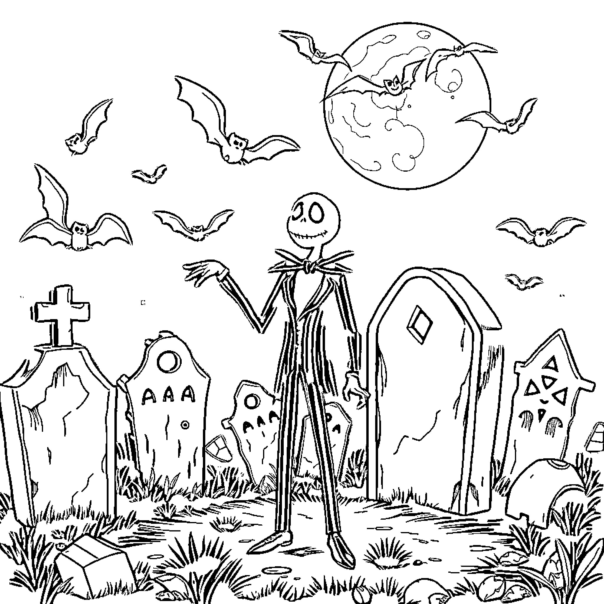 Beetlejuice in a spooky graveyard scene Coloring Page (free black-and-white line drawing printable PDF for all, from beginners to advanced learners, including children, teens, adults, and seniors)