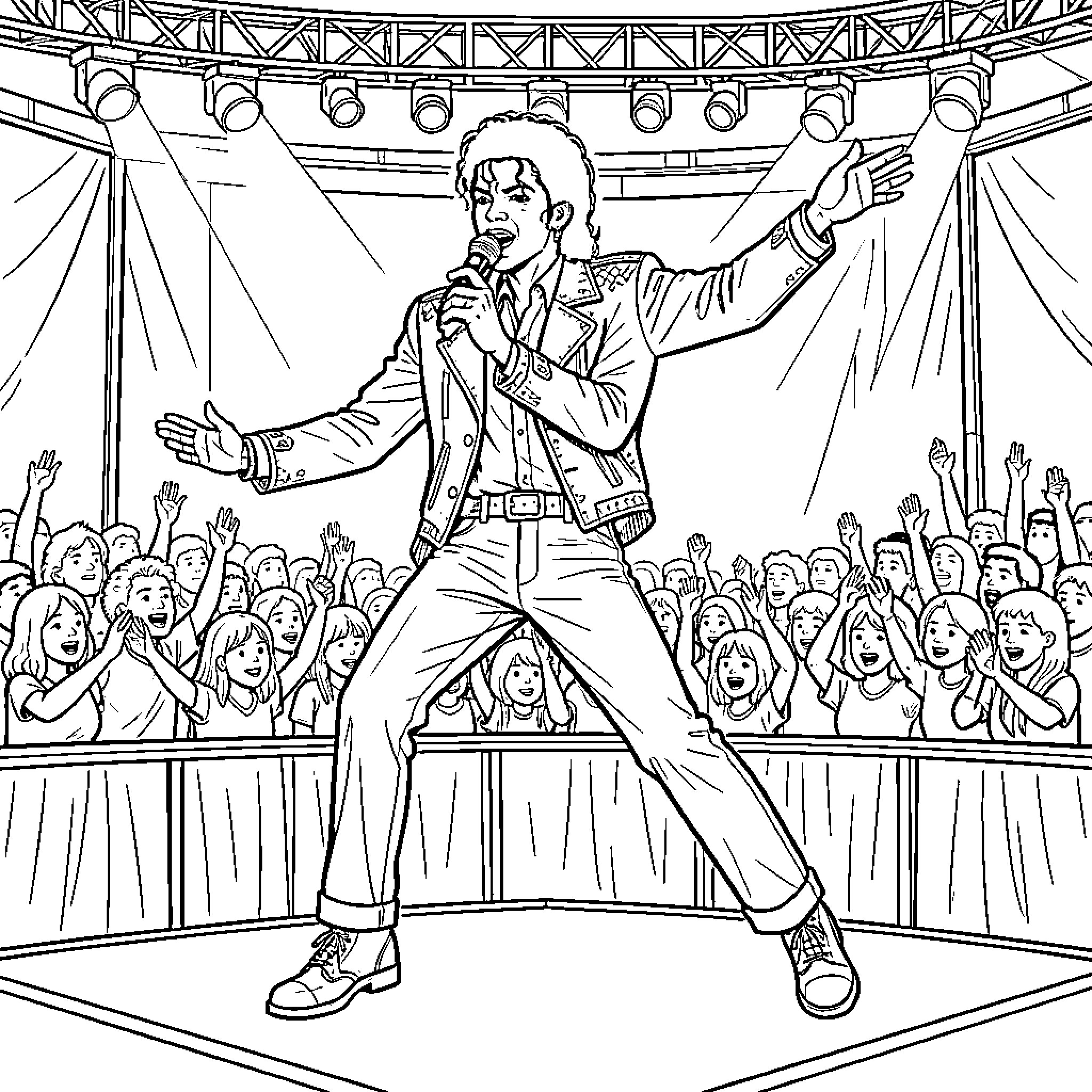 Michael Jackson performing energetically on a concert stage Coloring Page (free black-and-white line drawing printable PDF for all, from beginners to advanced learners, including children, teens, adults, and seniors)