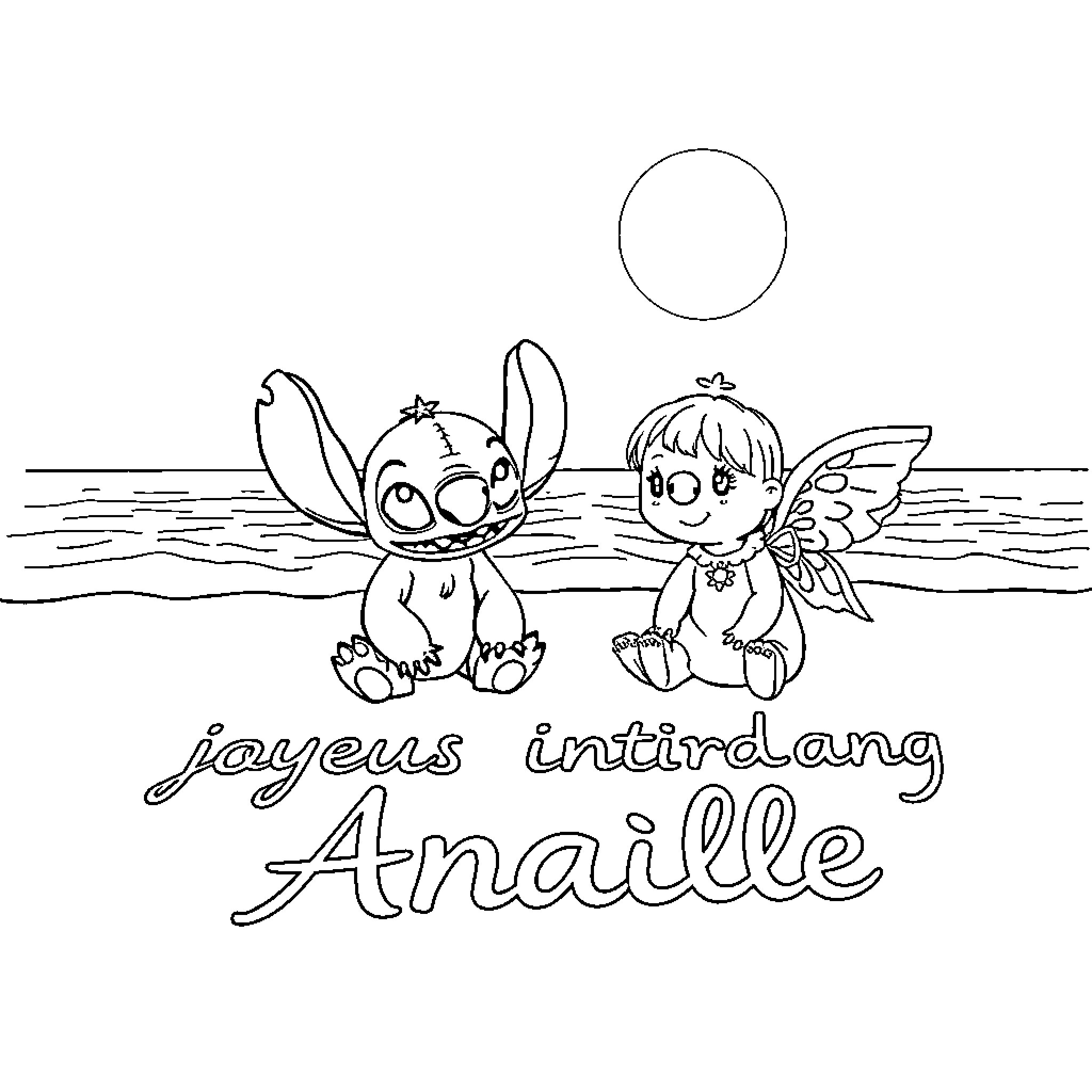 Stitch and Tinkerbell's Joyous Interlude Coloring Page (free black-and-white line drawing printable PDF for all, from beginners to advanced learners, including children, teens, adults, and seniors)