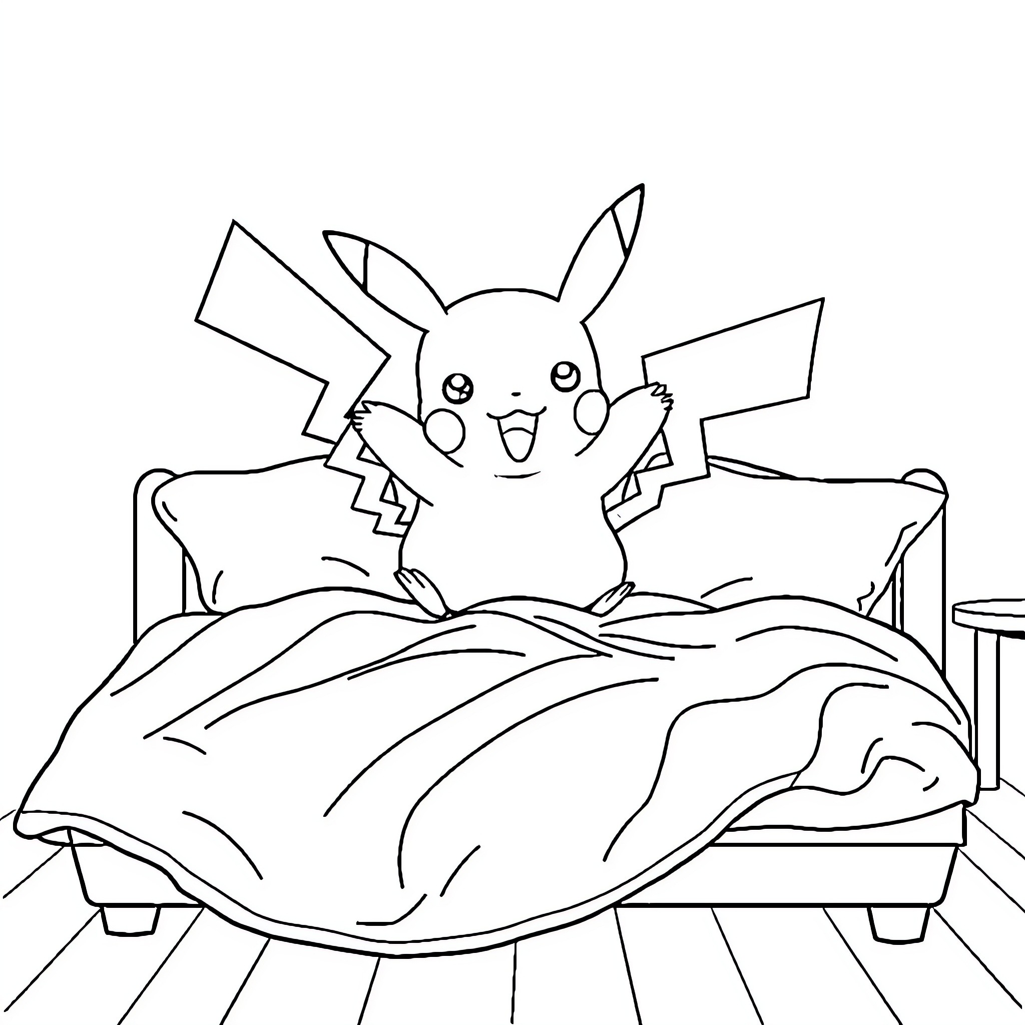 Pikachu snuggling in bed Coloring Page (free black-and-white line drawing printable PDF for all, from beginners to advanced learners, including children, teens, adults, and seniors)