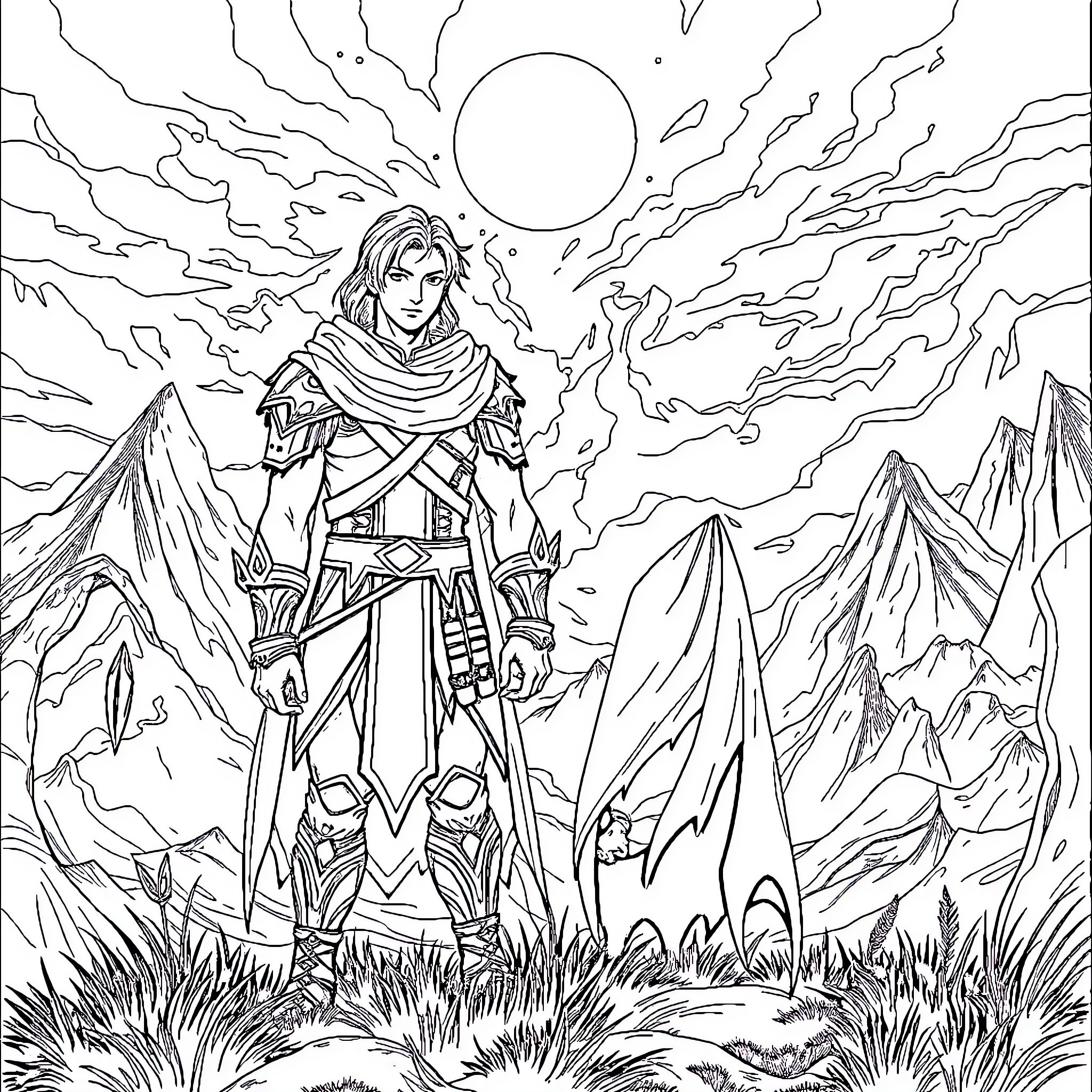 Xaden Riorson standing amidst the mountainous landscape Coloring Page (free black-and-white line drawing printable PDF for all, from beginners to advanced learners, including children, teens, adults, and seniors)