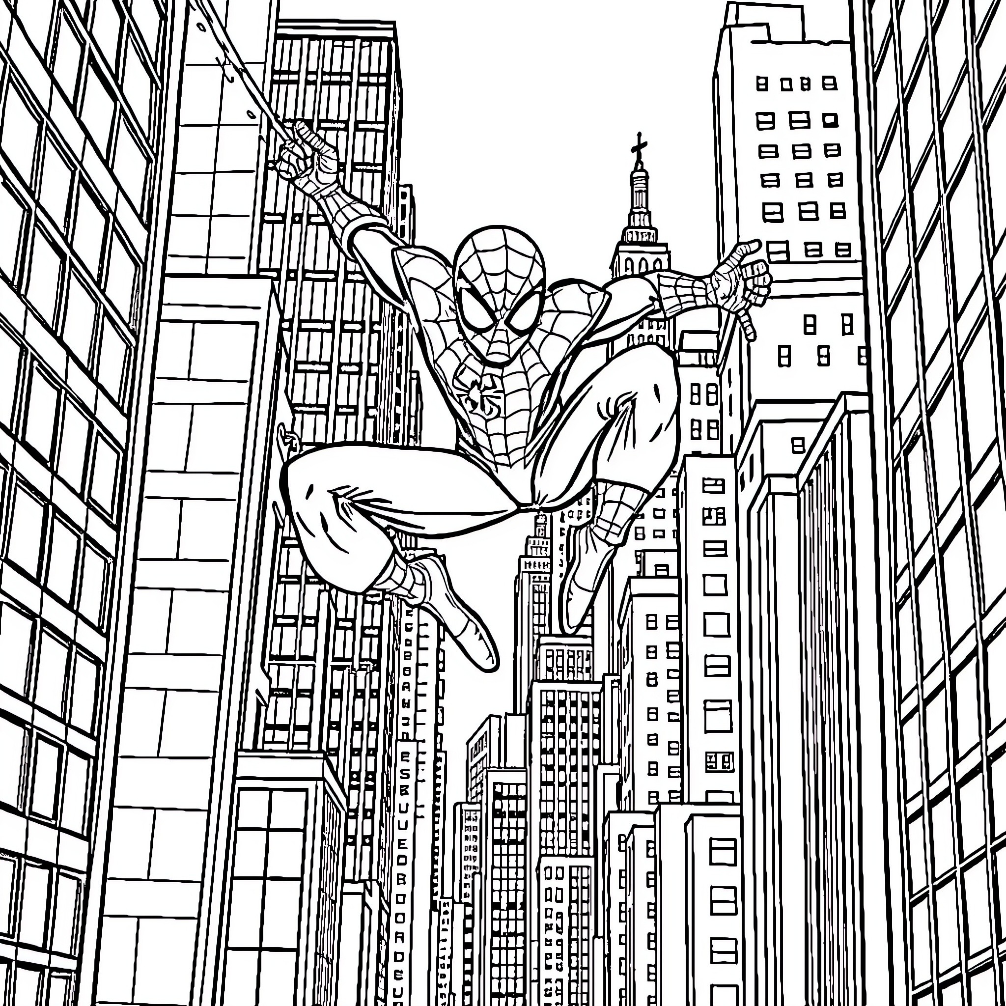 Spiderman swinging through the city skyline Coloring Page (free black-and-white line drawing printable PDF for all, from beginners to advanced learners, including children, teens, adults, and seniors)