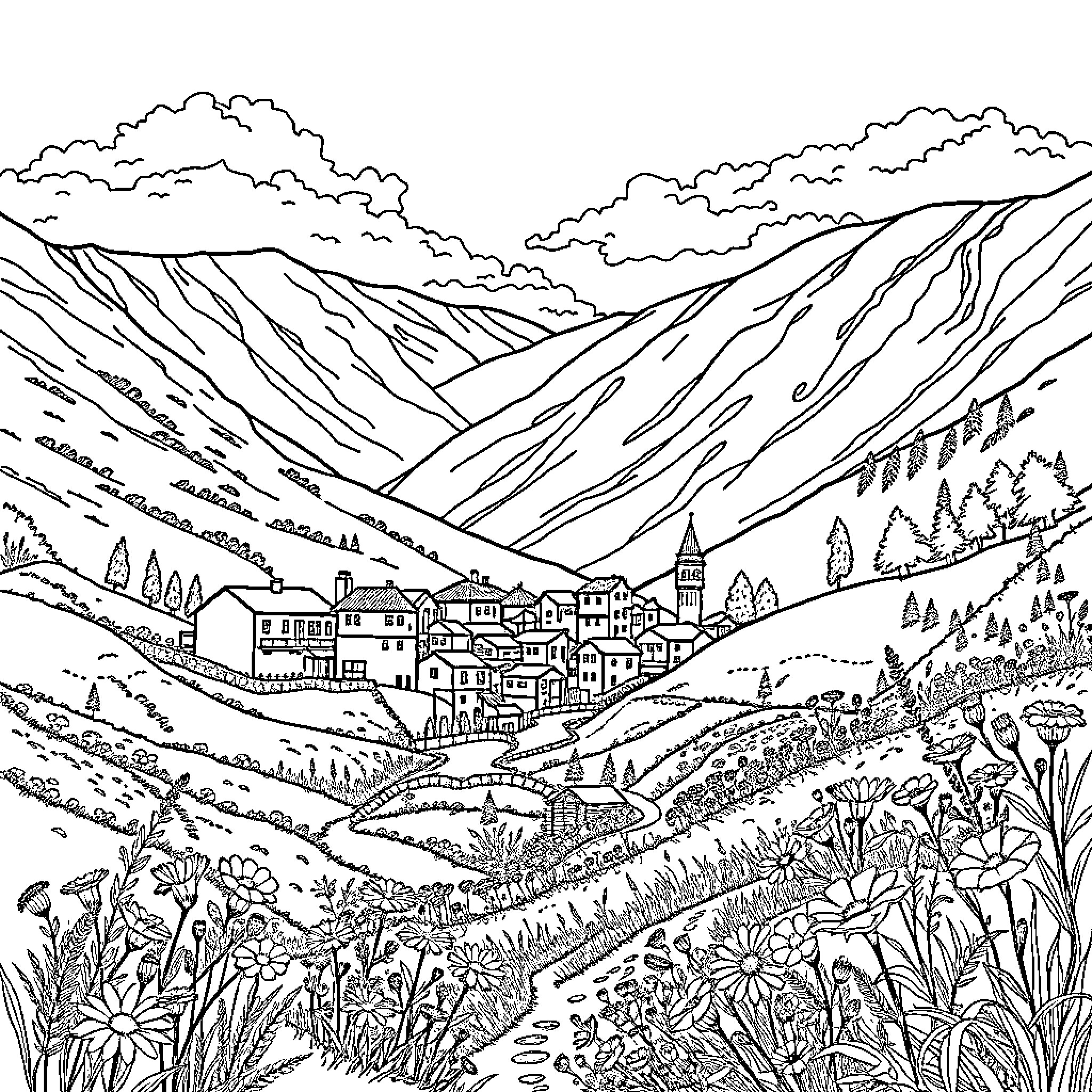 Lalibroch Scenic Mountain Valley with Quaint Town Coloring Page (free black-and-white line drawing printable PDF for all, from beginners to advanced learners, including children, teens, adults, and seniors)