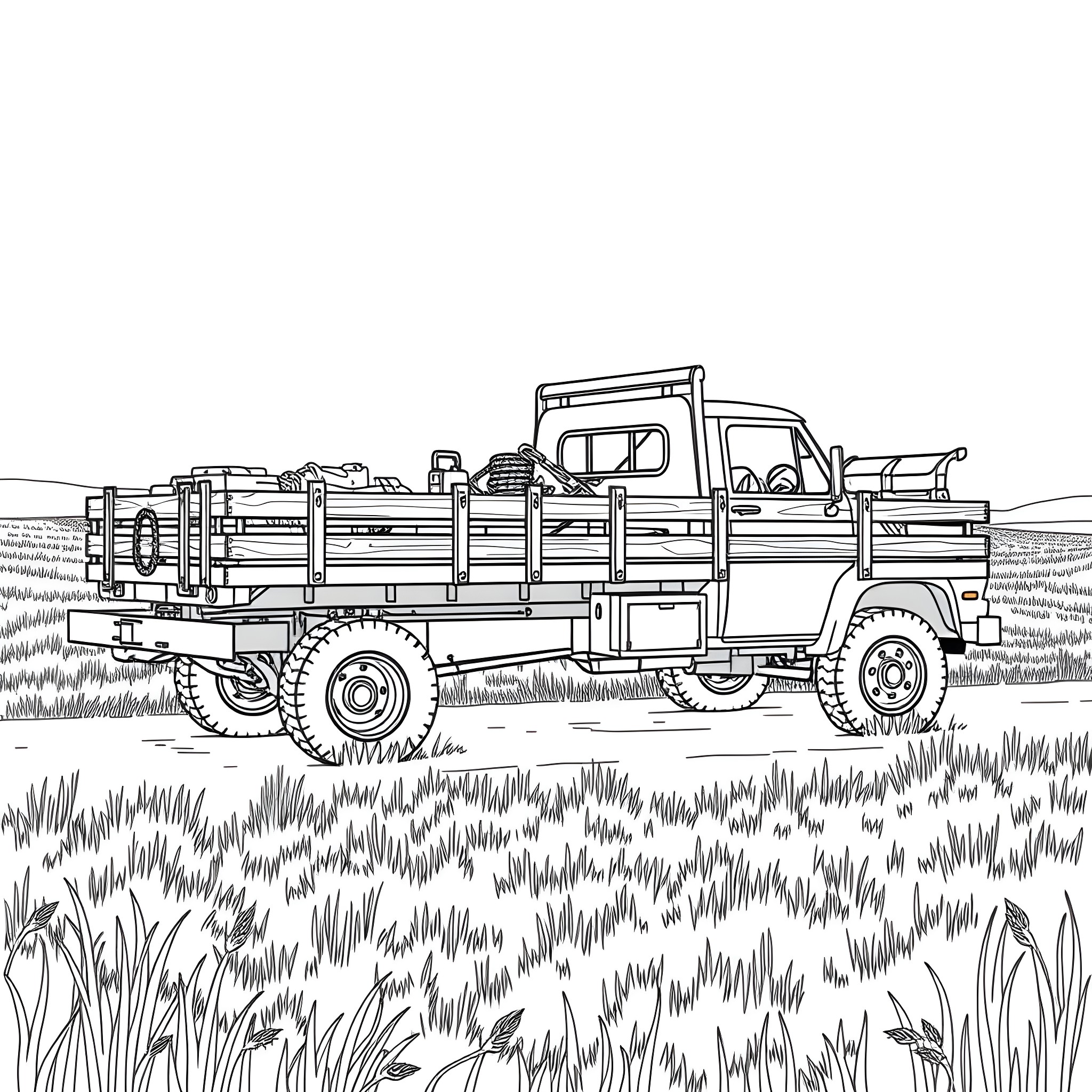 Flatbed truck hauling equipment in rural field Coloring Page (free black-and-white line drawing printable PDF for all, from beginners to advanced learners, including children, teens, adults, and seniors)