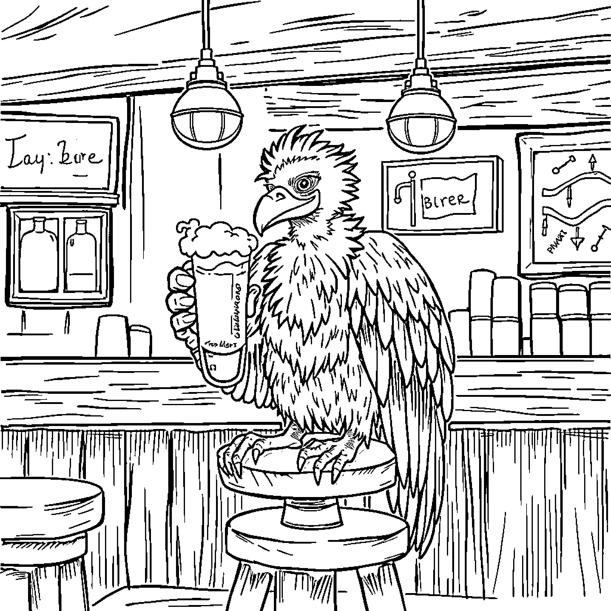 Vulture enjoying a drink at the bar Coloring Page (free black-and-white line drawing printable PDF for all, from beginners to advanced learners, including children, teens, adults, and seniors)