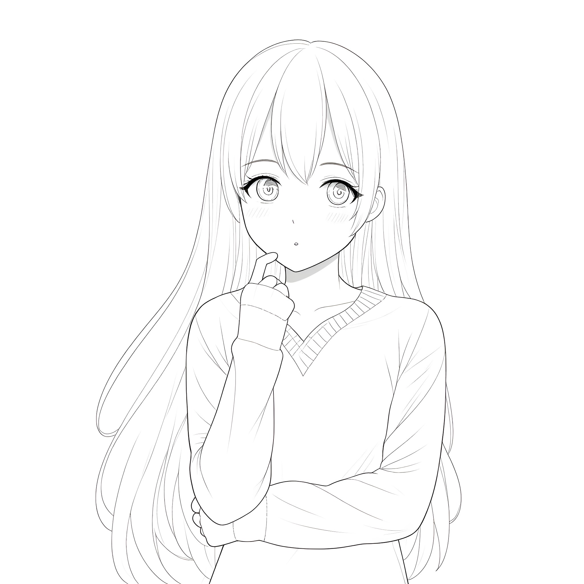 Anime Girl with Thoughtful Expression Coloring Page (free black-and-white line drawing printable PDF for all, from beginners to advanced learners, including children, teens, adults, and seniors)